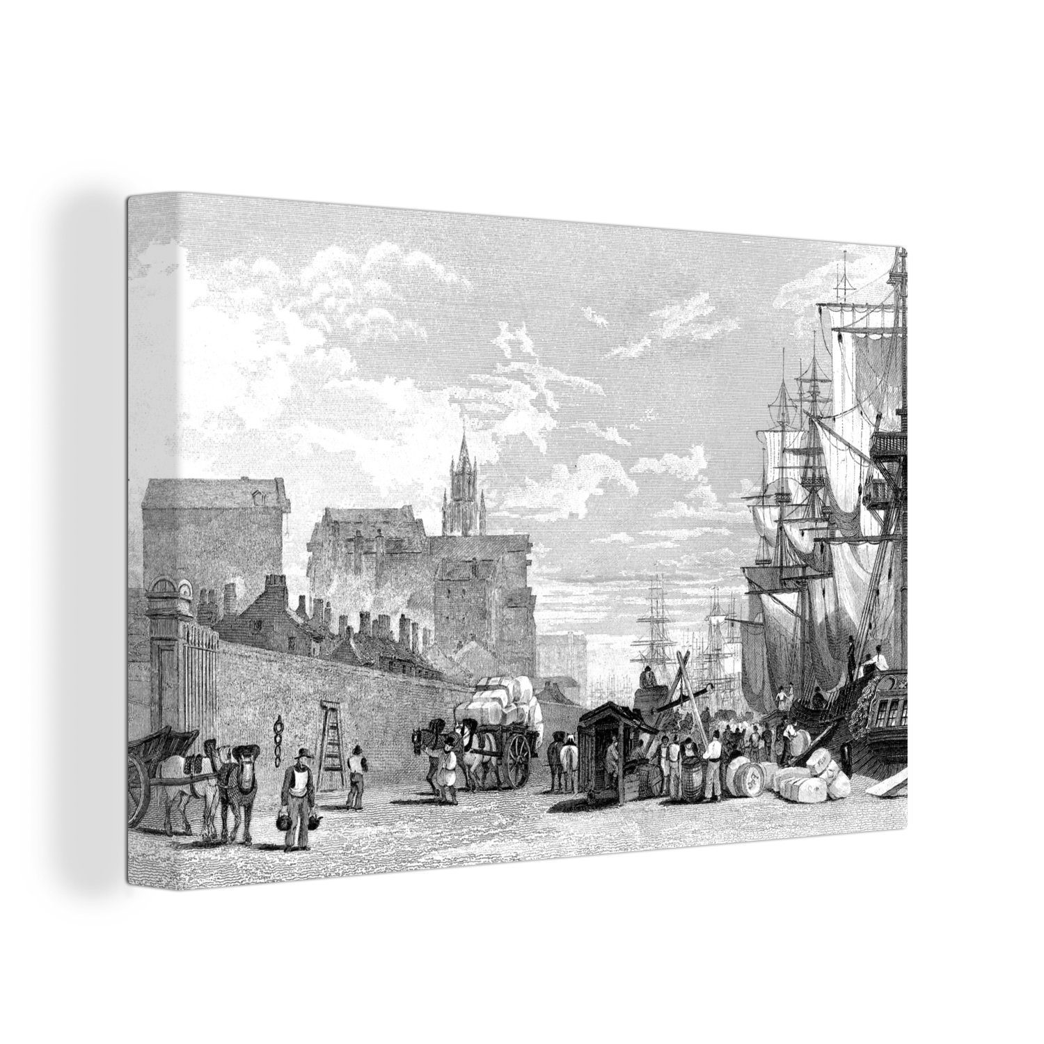 OneMillionCanvasses® Leinwandbild Eine antike Illustration des Hafens von Liverpool, (1 St), Wandbild Leinwandbilder, Aufhängefertig, Wanddeko, 30x20 cm