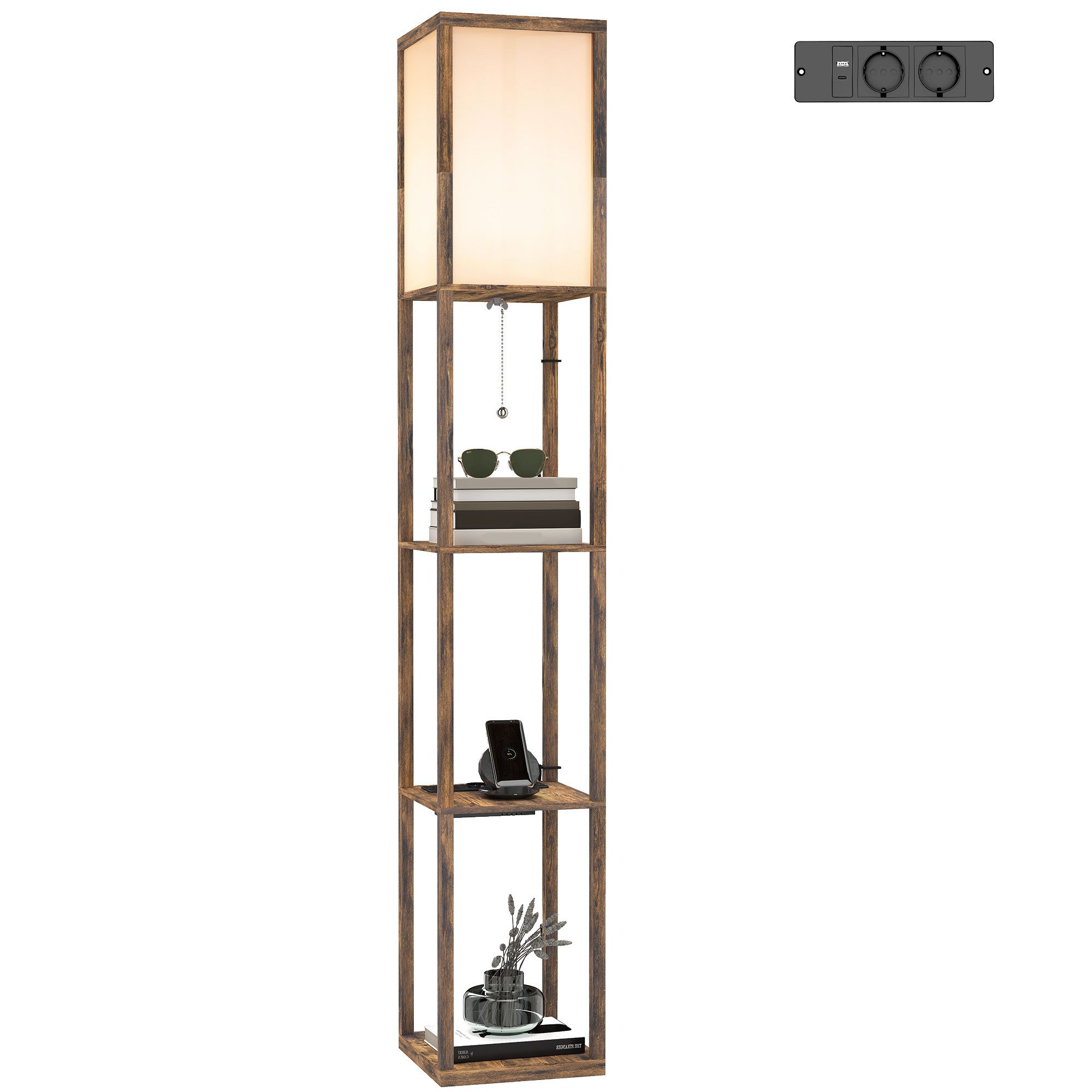 HOMCOM Stehlampe Stehlampe mit Regalen E27 40W Nachttischlampe Acryl Lampenschirm, Ablagefächer, Lichtquelle, Fußschalter, led, für Schlafzimmer, Arbeitszimmer, – Bild 2 von 5