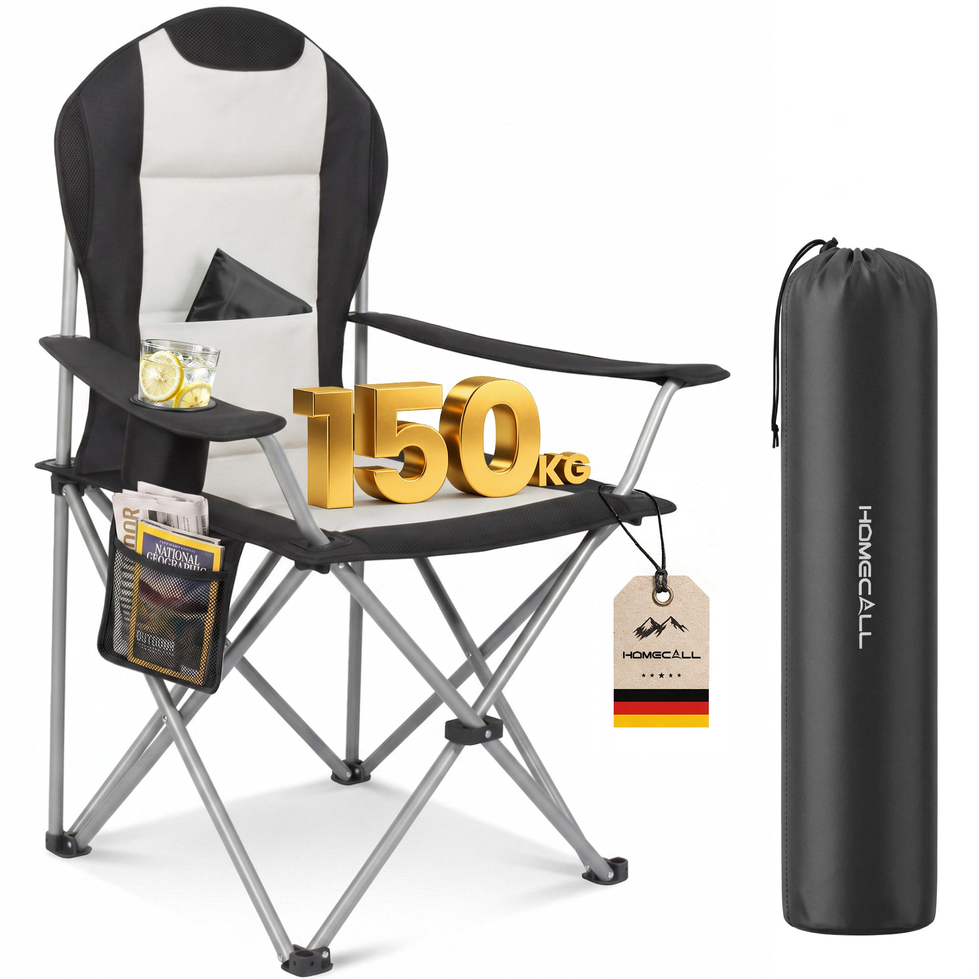 HOMECALL Campingstuhl Hochlehner Klappstuhl Gartenstuhl Angelstuhl mit Angenehme Polsterung (Packung, 1 St), bis 150KG, mit Seitentaschen und Getränkehalter für Camp Garten Balkon