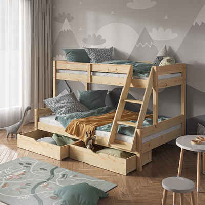 VitaliSpa® Hochbett Kinderbett Hochbett EVEREST 120x200cm Natur Schublade (mit Leiter und Schubladen)