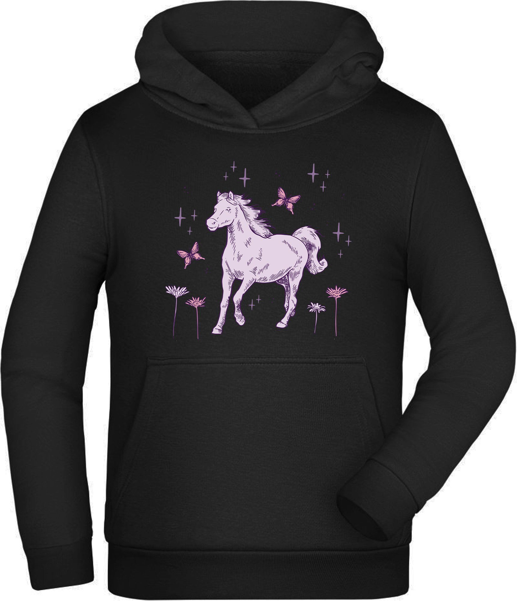 MyDesign24 Hoodie Kinder Kapuzen Sweatshirt Hoodie galoppierendes Pferd und Blumen Kapuzensweater mit Aufdruck, i144