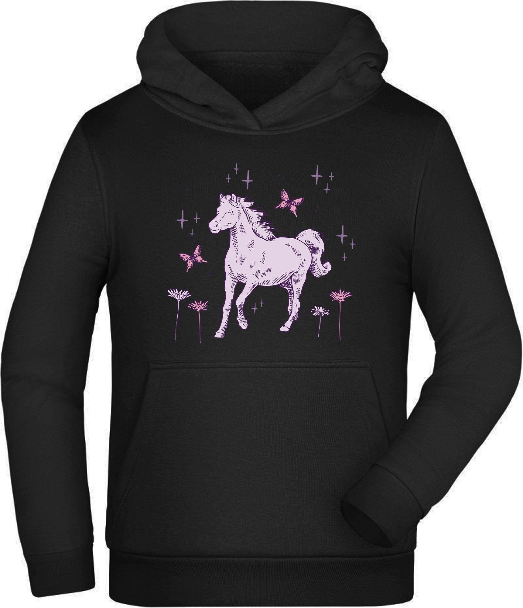 MyDesign24 Hoodie Kinder Kapuzen Sweatshirt Hoodie galoppierendes Pferd und Blumen Kapuzensweater mit Aufdruck i144