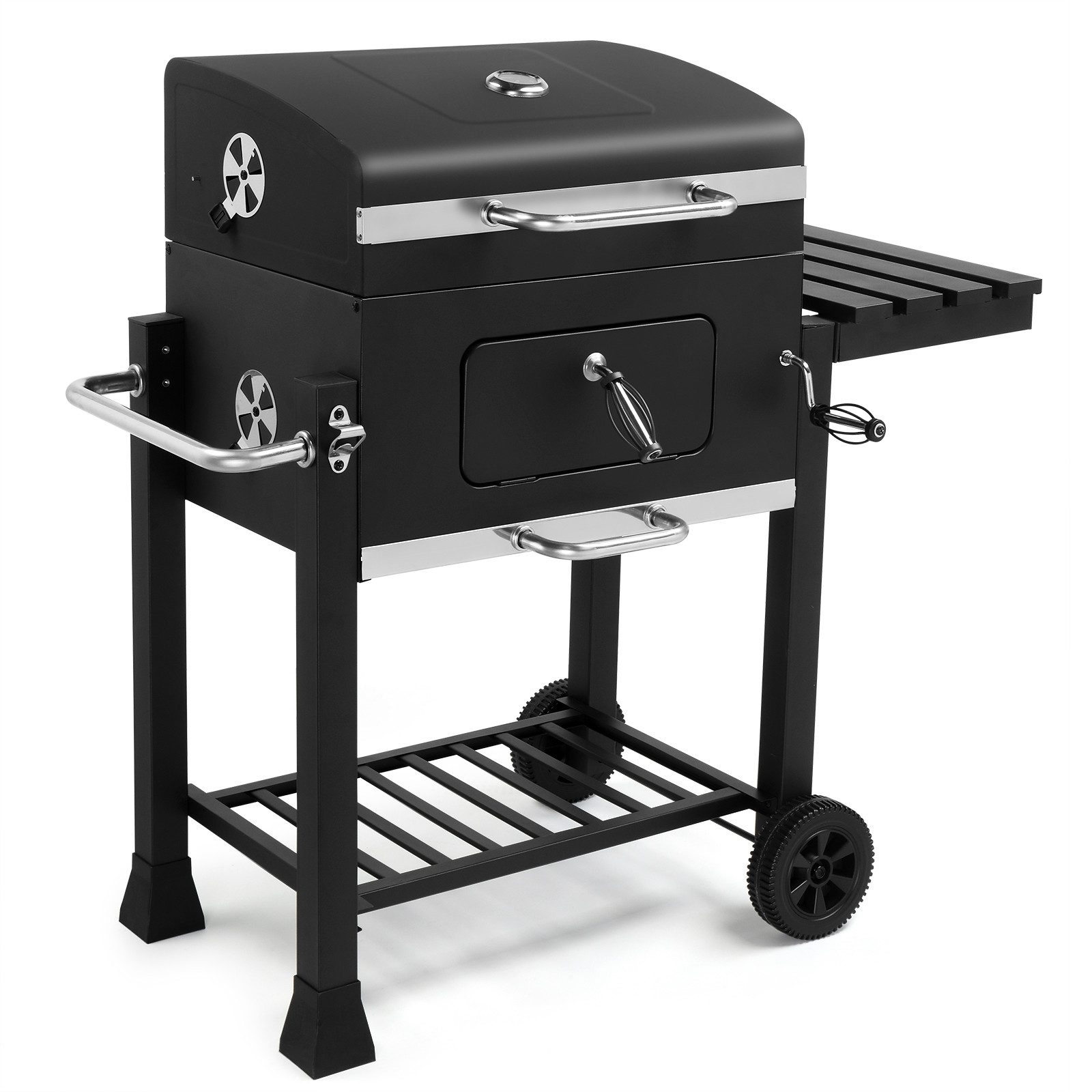 LALAHO Holzkohlegrill Grillwagen mit Faltbarer Seitenablagen, Höhenverstellbarer Gril mit Deckel, Räder, Thermometer, 116x57x108cm