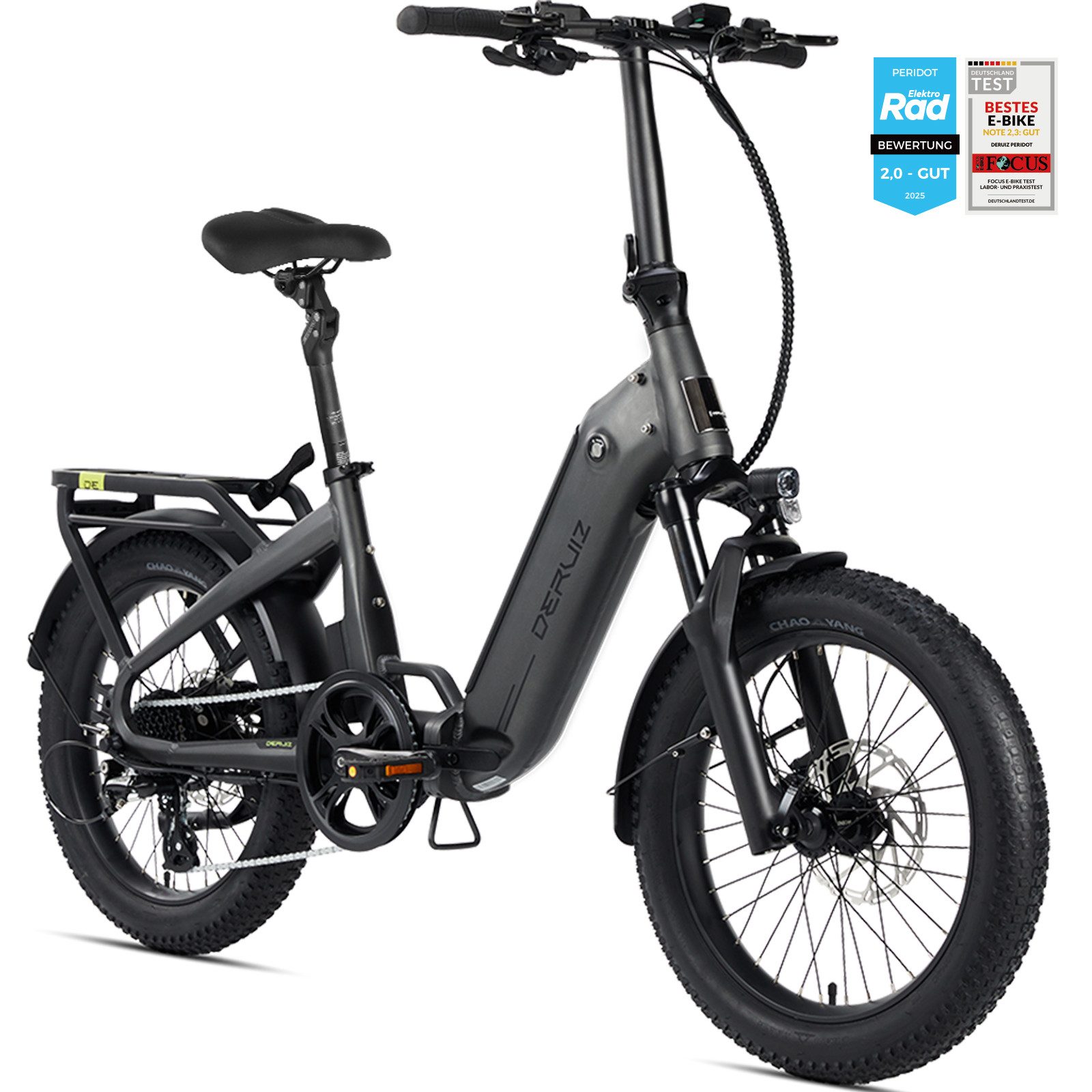 DERUIZ E-Bike Klapprad 20x3,0 Zoll, max. 140km, Federsattelstütze, mit Bluetooth, 5 Stufen, 8 Gang SHIMANO SHIMANO ALTUS 11-32T Schaltwerk, Kettenschaltung, Heckmotor, 500 Wh, (mit Akku-Ladegerät, mit Werkzeug), RH:36cm, Bremslicht, Gepäckträger (max.50kg), hydraulische Bremsen