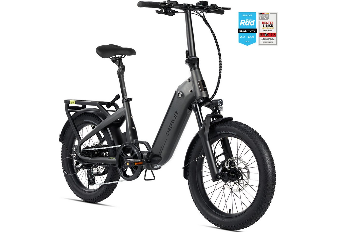 DERUIZ E-Bike Klapprad 20x3,0 Zoll, max. 140km, Federsattelstütze, mit Bluetooth, 5 Stufen, 8 Gang SHIMANO SHIMANO ALTUS 11-32T Schaltwerk, Kettenschaltung, Heckmotor, 500 Wh, (mit Akku-Ladegerät, mit Werkzeug), RH:36cm, Bremslicht, Gepäckträger (max.50kg), hydraulische Bremsen