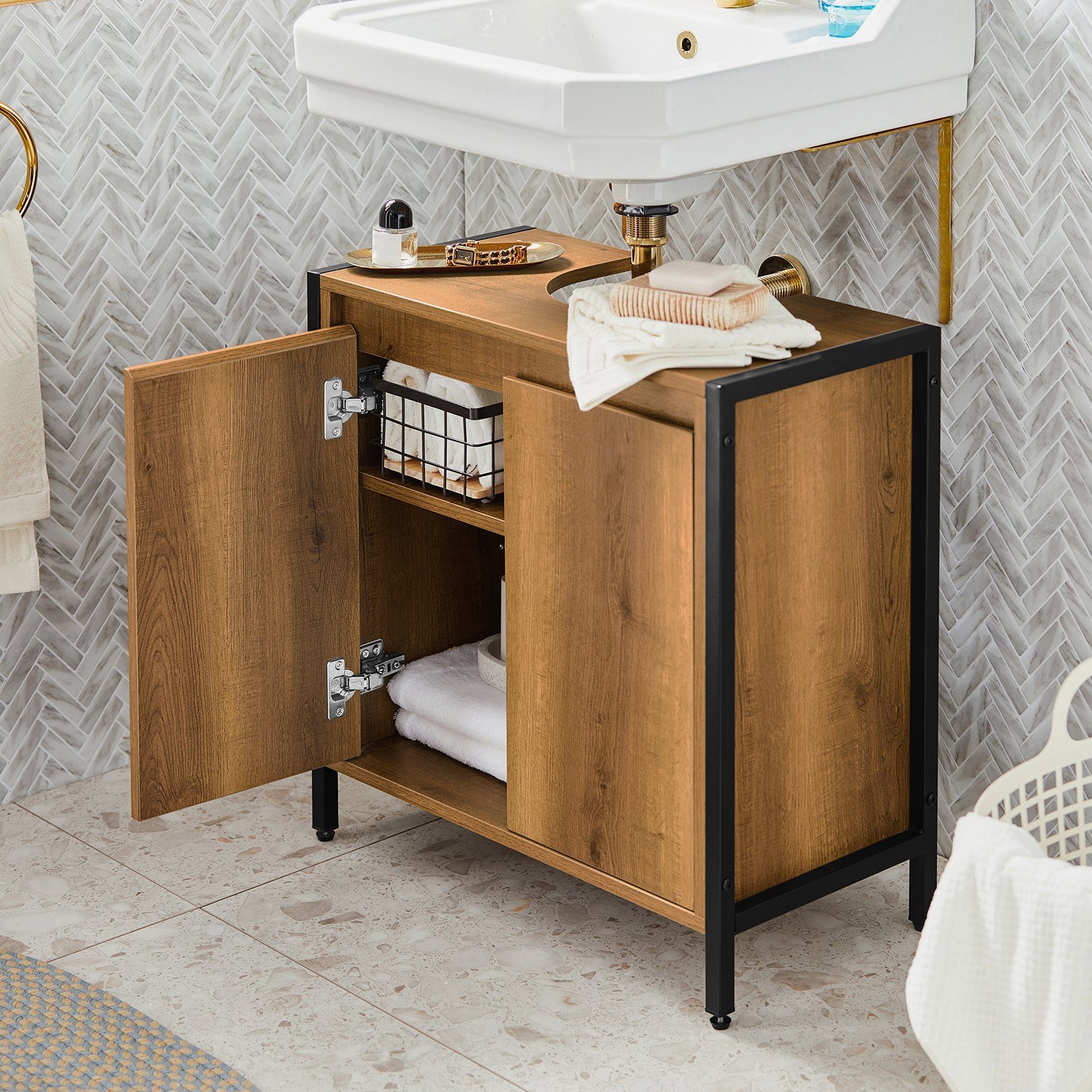 SoBuy Waschbeckenunterschrank mit 2 Türen Holz Metall Braun 60 cm BZR63-PF günstig online kaufen