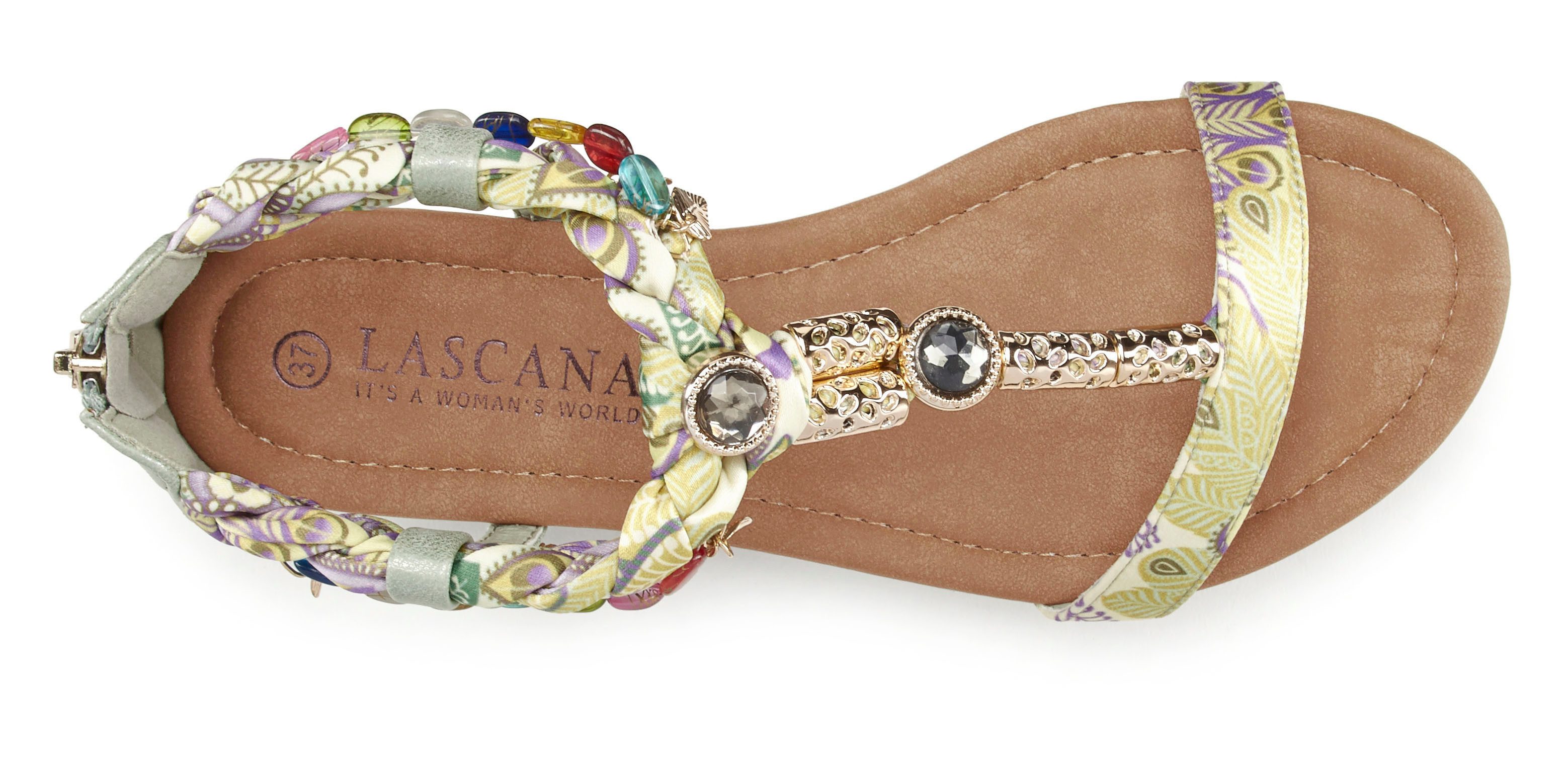 LASCANA Sommerschuh, Sandalette, offener Schuh, Sandale mit Schmuckkettchen und Schmucksteinen im Festival-Look VEGAN
