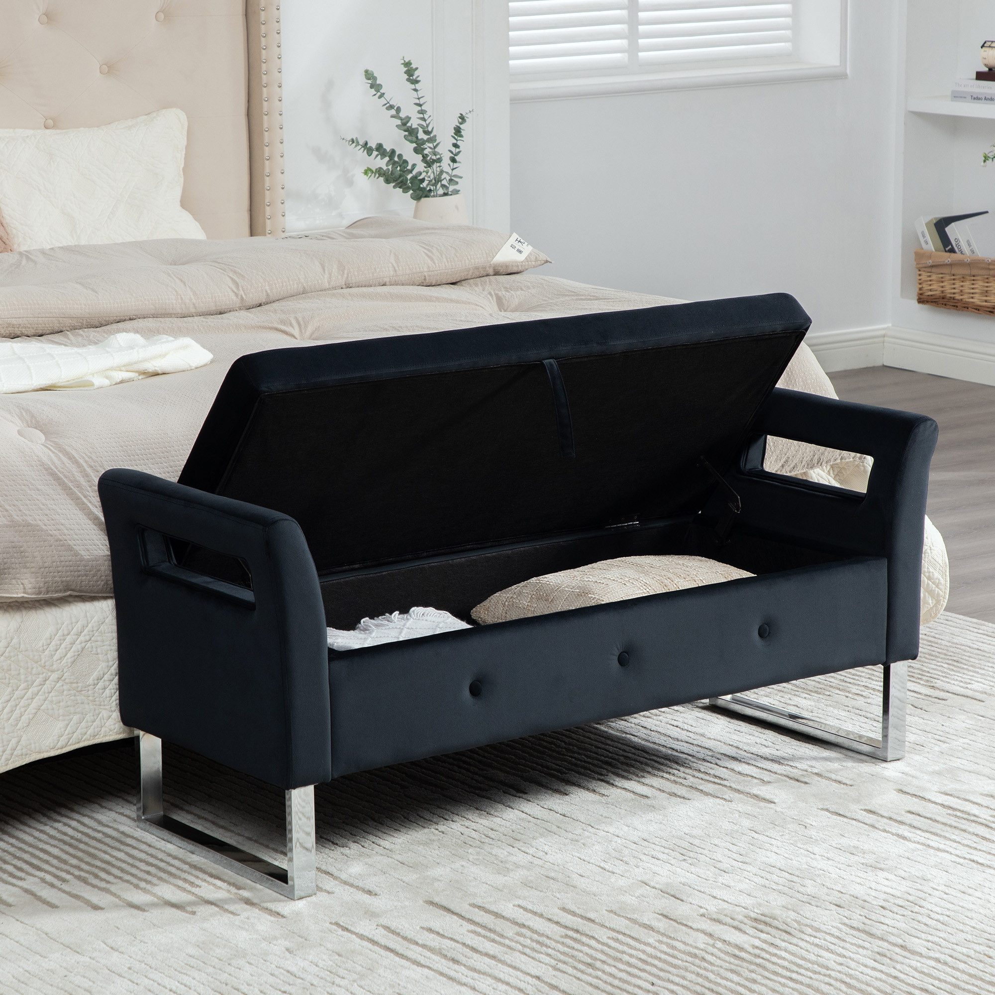 HAUSS SPOLE Sitzhocker mit Armlehnen für Wohnzimmer,Samt Stauraumhocker als Fußstütze,Schwarz (Schuhhocker 138×51×60,5 mit Massivholzrahmen), mit eingebautem Metallscharnier