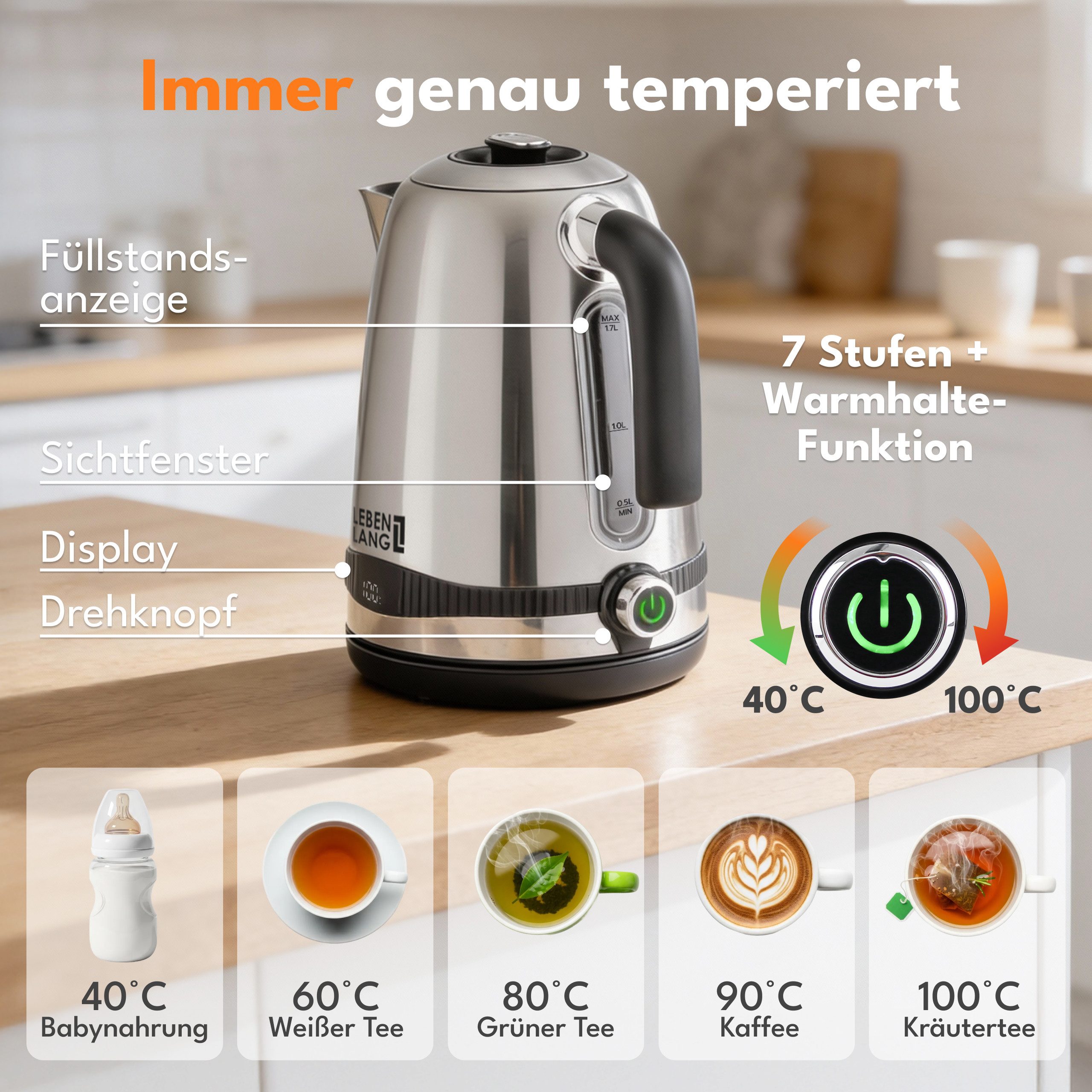 Lebenlang Wasserkocher Edelstahl mit Warmhaltefunktion - Preis-/Leistungssieger, 1.7 l, 2200,00 W, Präzise Temperaturregelung, Digitale Anzeige, BPA-frei, 360-Grad-Basis