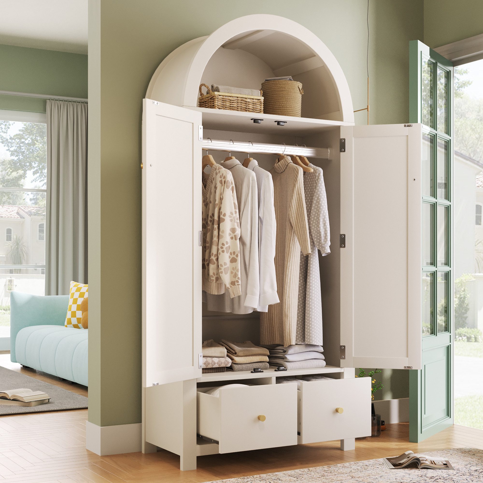 Flieks Kleiderschrank Garderobenschrank 78x45x181cm mit 2 Schubladen und 2 Türen, Rattan
