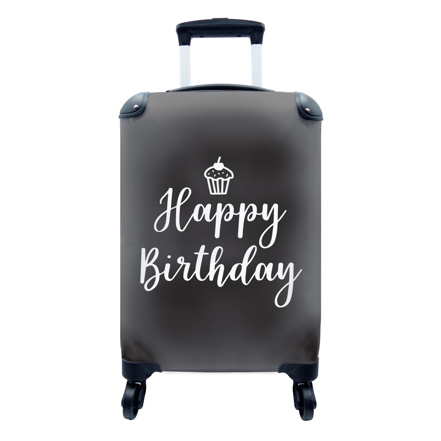 MuchoWow Handgepäckkoffer Cupcake mit dem Zitat "Happy Birthday" auf schwarzem Hintergrund, 4 Rollen, Reisetasche mit rollen, Handgepäck für Ferien, Trolley, Reisekoffer