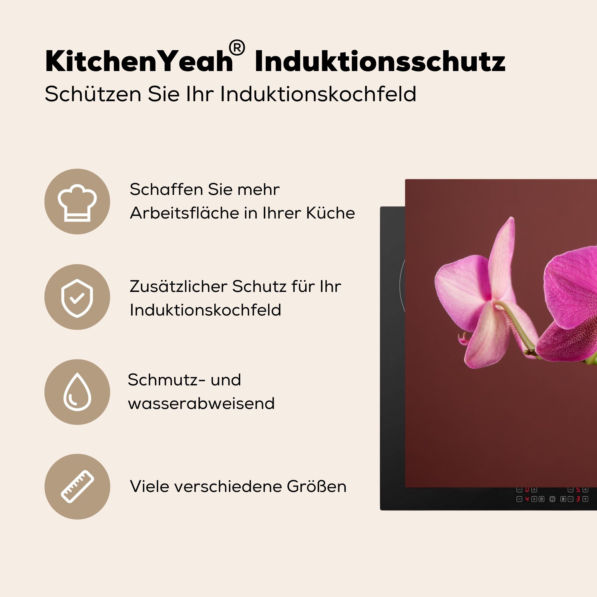 (1 Herdblende-/Abdeckplatte 59x52 - - cm, küche, Induktionsmatte tlg), Orchideen MuchoWow die Ceranfeldabdeckung Vinyl, Rosa, Blumen für