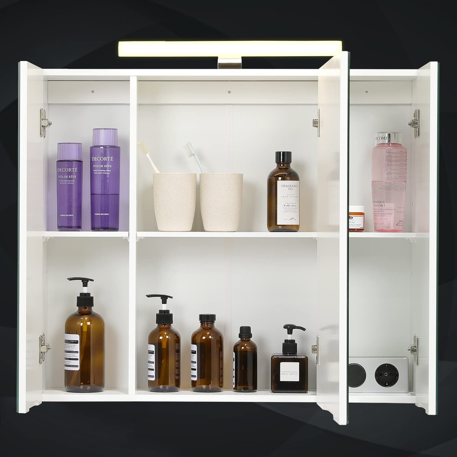 MSMASK Badezimmerspiegelschrank mit LED Beleuchtung, Steckdose und lichtschalter 70x15x60cm(BxTxH) (Ohne Matratze) Badezimmer spiegelschrank mit 3 Türen,Spiegel,Hängeschrank