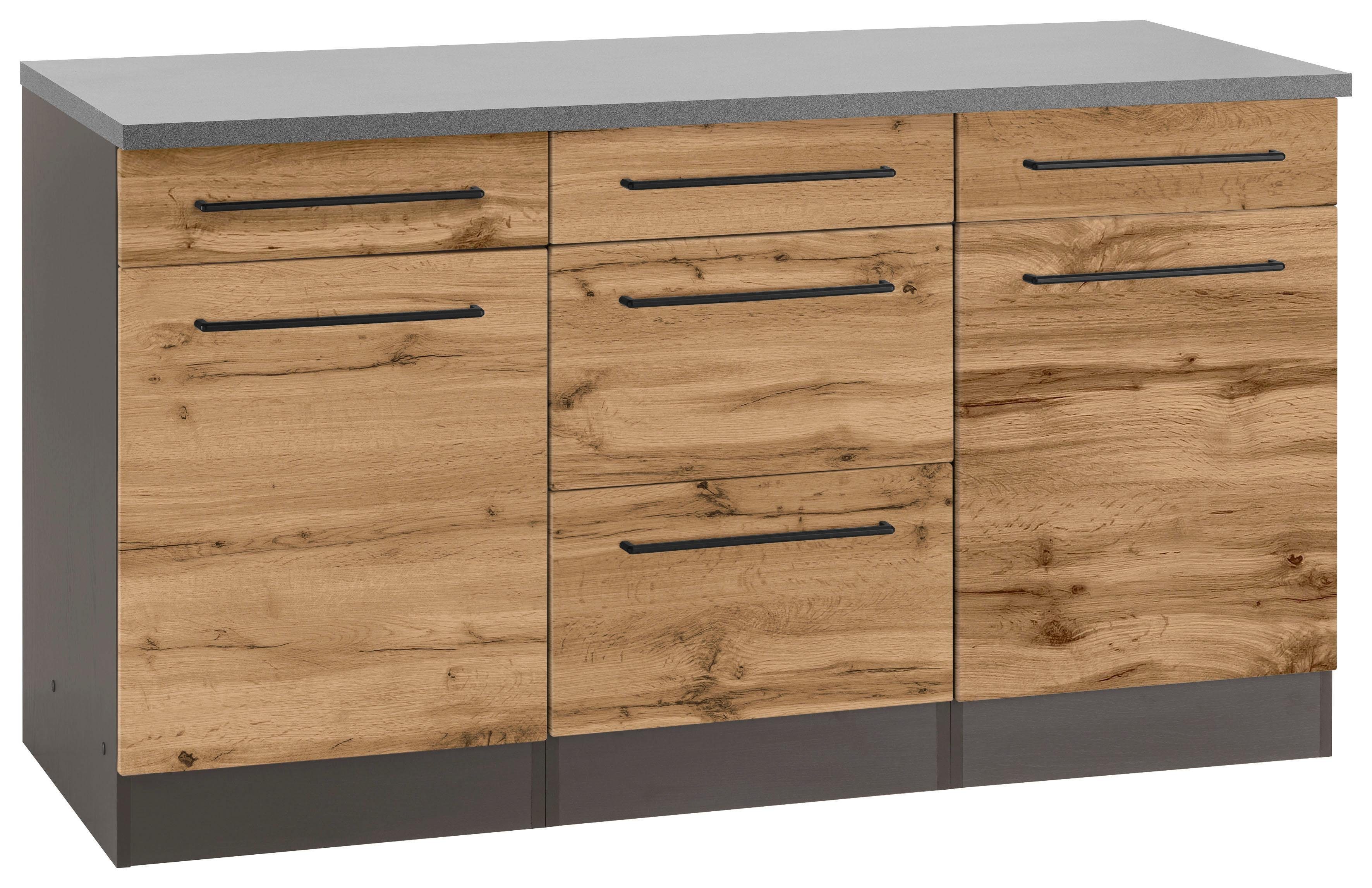 KOCHSTATION Unterschrank KS-Tulsa 150 cm breit, 2 Türen, 3 Schubkästen, 2 große Auszüge für Stauraum