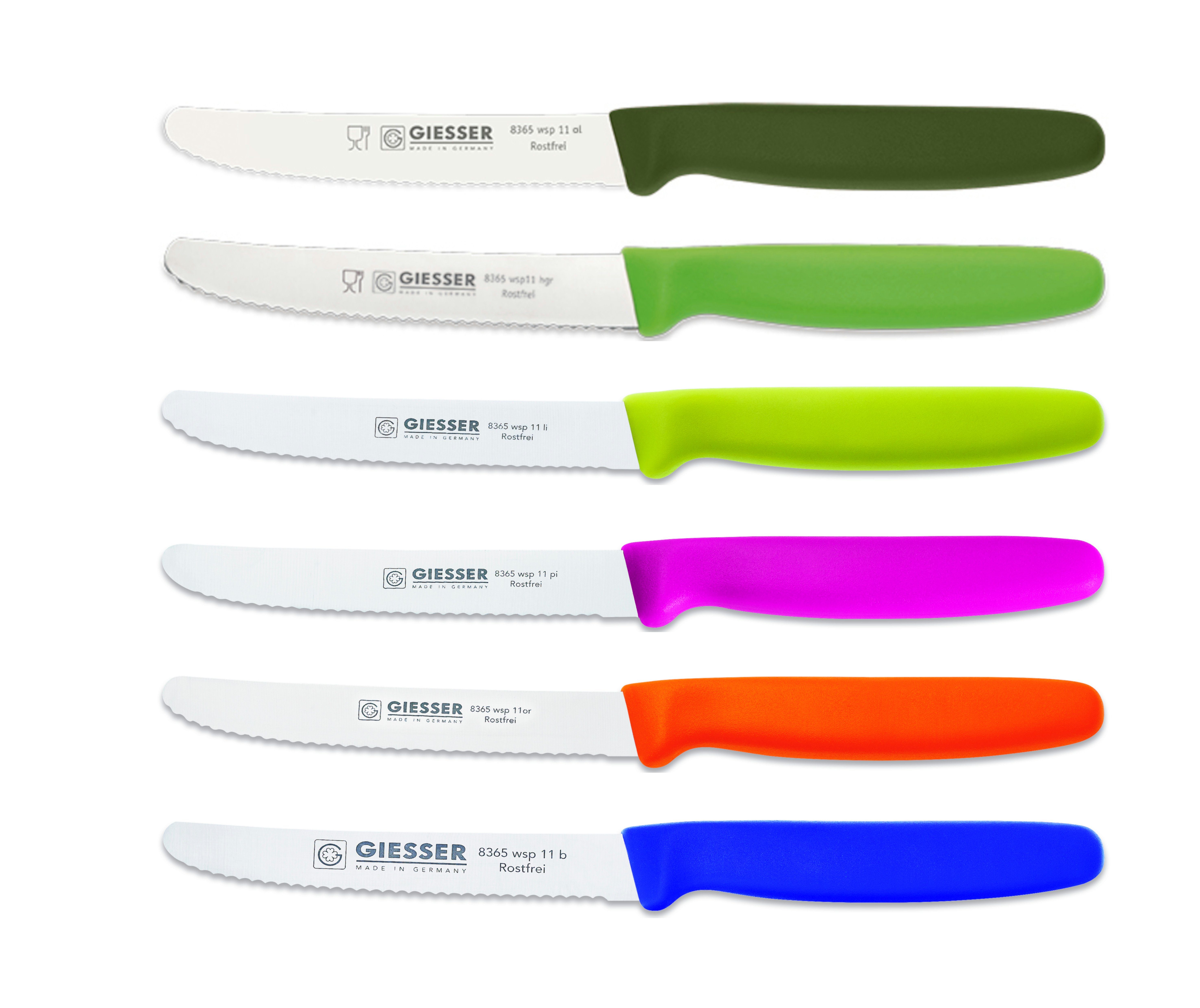 Giesser Messer Tomatenmesser 8365 gemischt; Brötchenmesser 6er Wellenschliff; wsp Set 3mm Scharf 11-6, bunt extrem ol-hgr-li-pi-or-b