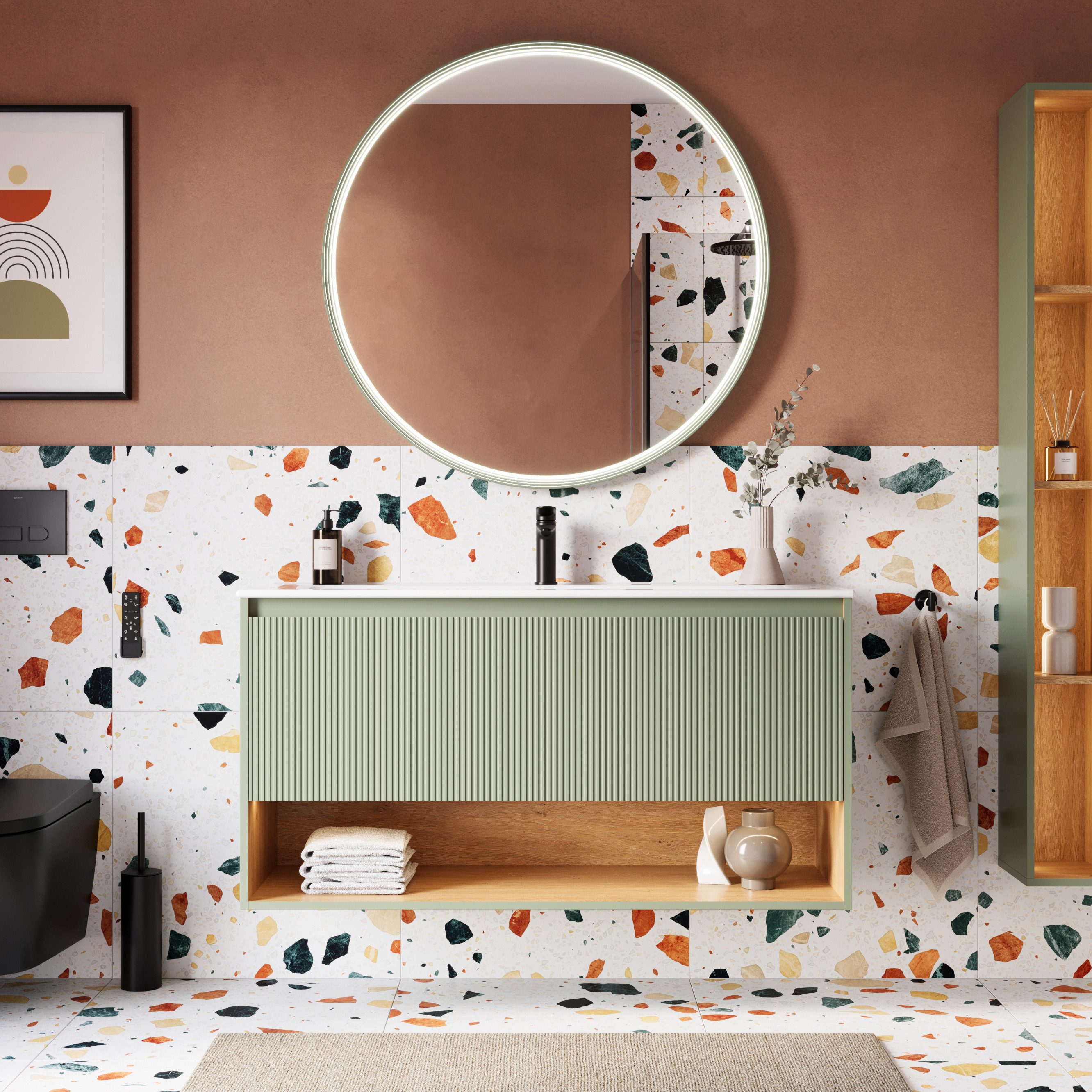 Bernstein Waschbeckenunterschrank BELDIVO 120cm Jadegrün matt Duravit LED (1 Hahnloch) Waschtischunterschrank mit Waschbecken 1 Schublade Innenschublade LED