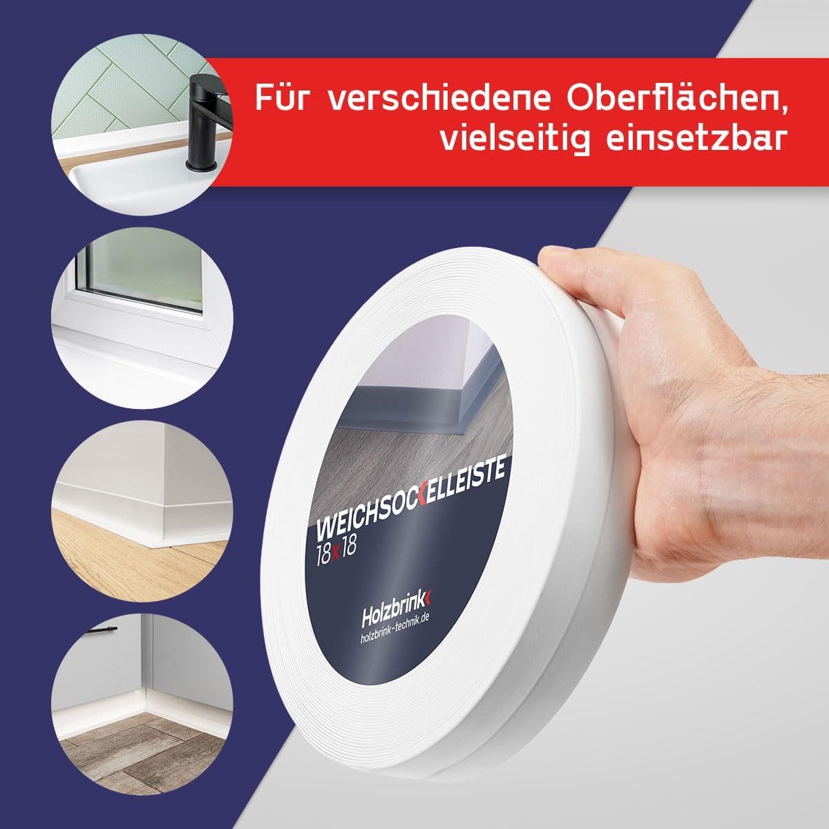 HOLZBRINK Sockelleiste HOLZBRINK selbstklebend PVC 18x18mm, 1 m, L: 100 cm, 1m Rolle, Küchenleiste Abschlussleiste für Badezimmer Farbe: Weiß – Bild 4 von 5