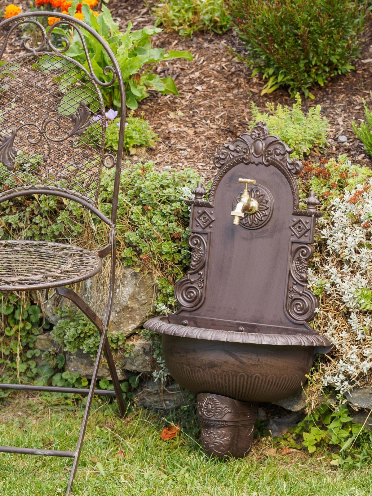 Brunnen Aubaho Wandbrunnen antik Waschbecken Bad Garten Gartenbrunnen Stil Waschplatz Alu