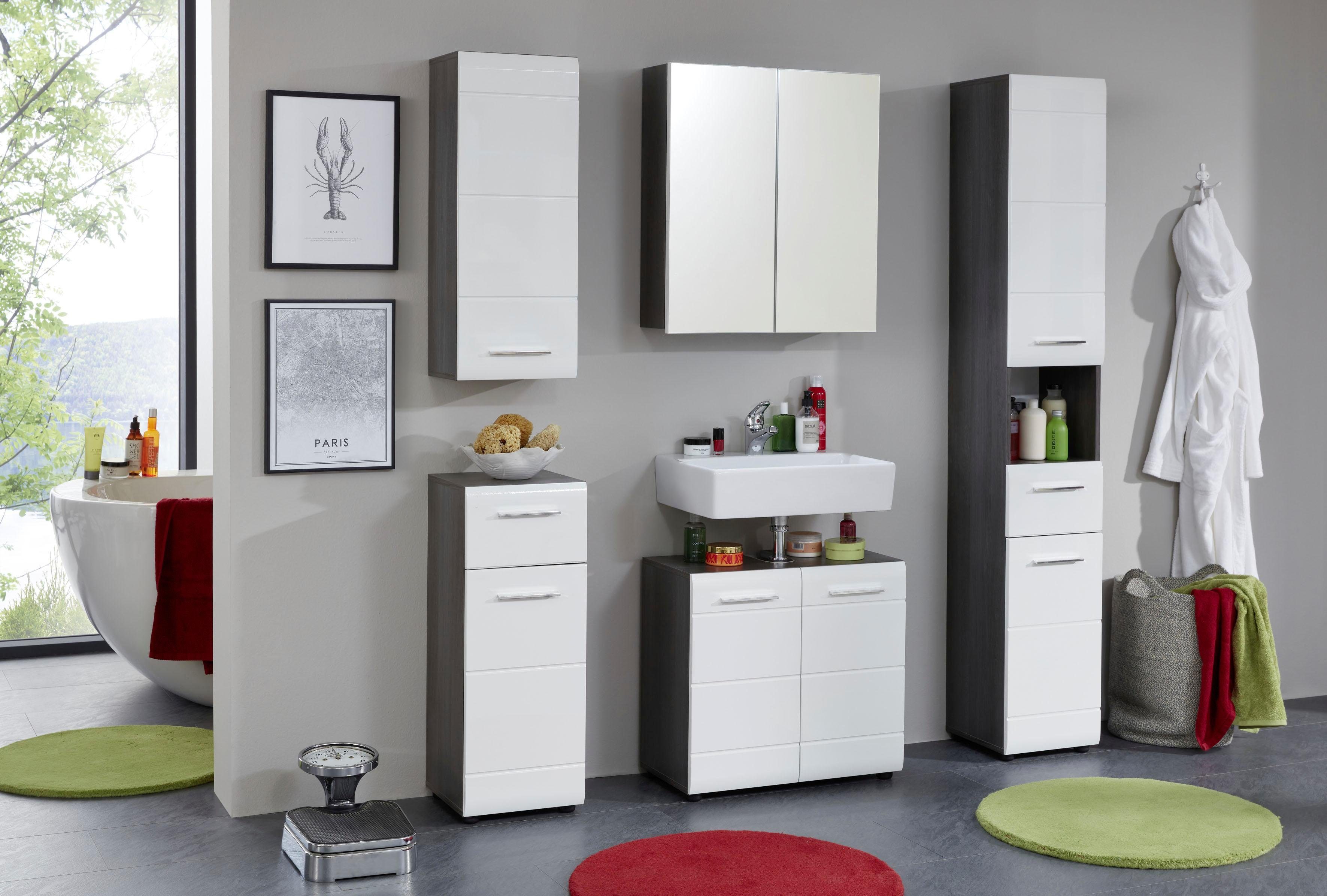 trendteam Hochschrank Skin Höhe 182 cm, Badezimmerschrank in Hochglanz- oder Holzoptik eichefarben rauchsilber/Weiß Hochglanz | eichefarben rauchsilber | Hochschränke