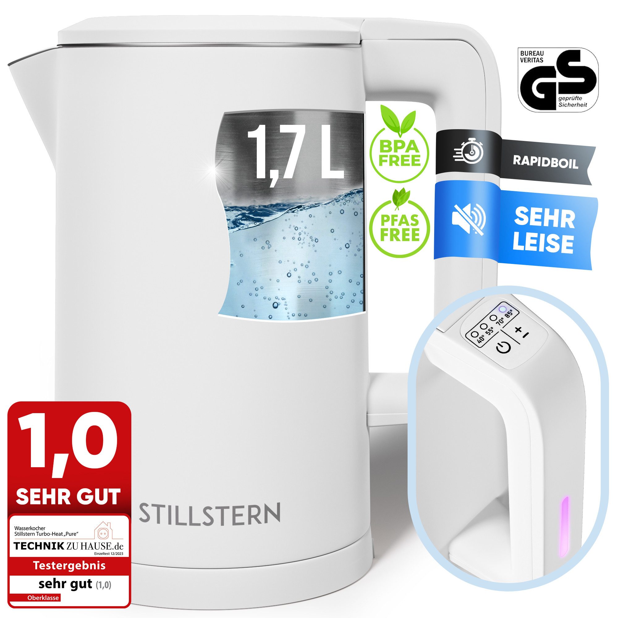 Stillstern Wasserkocher Wasserkocher 1,7L, Schnelles Aufkochen, mit Temperatureinstellung, 1.7 l, 2200 W, 2200W, 12 Std. Warmhaltefunktion, Leise
