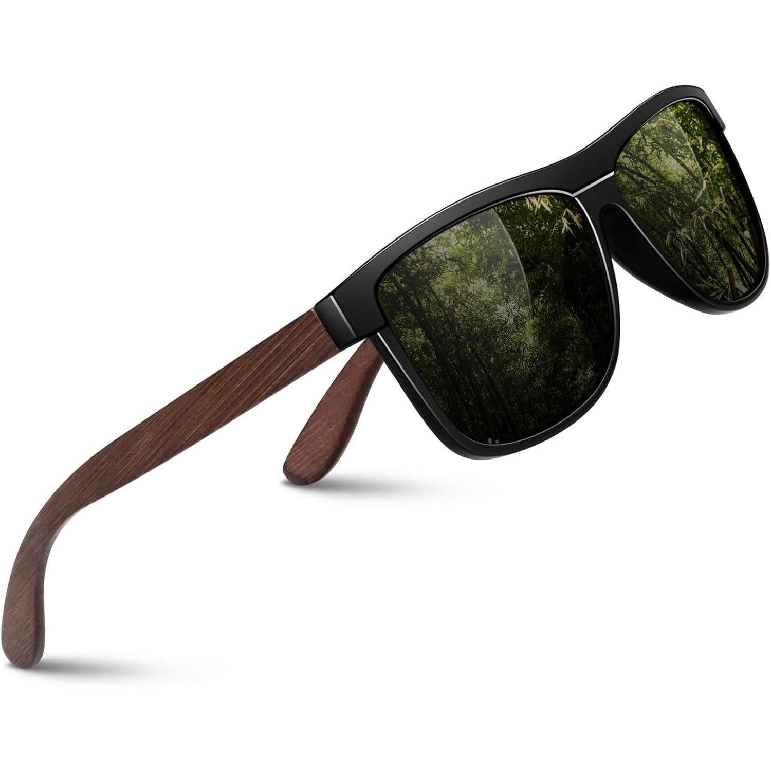 Sonnenbrille Sonnenbrille Bambus Glänzender Schwarzer Rahmen Graue Linse