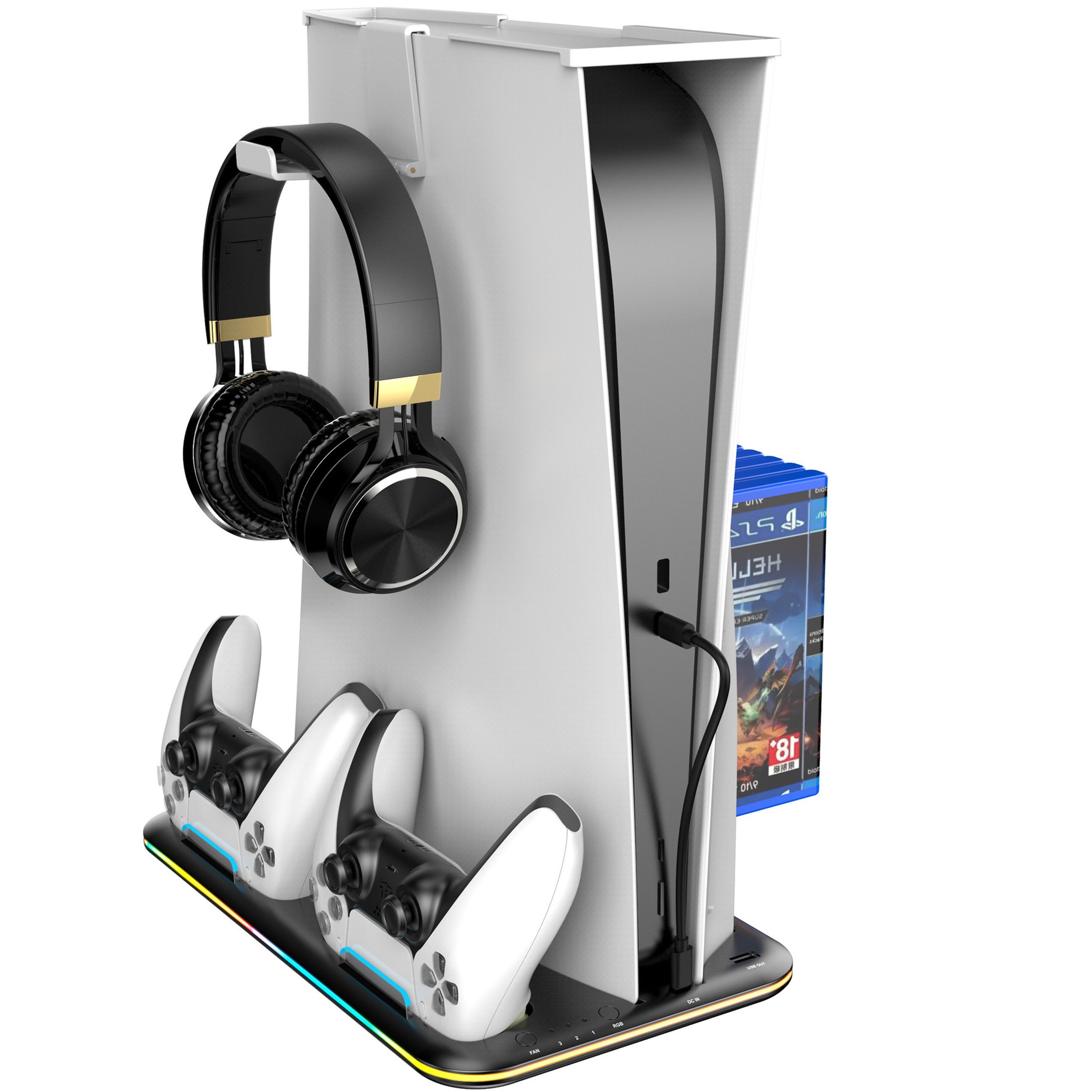 Fyrove PS5 Ständer mit 3 stufig Lüfter und RGB Licht Controller-Ladestation (PS5 Controller Ladestation,PS5 Standfuß für PS5 Disc/Digital Edition Controller Ladestation, mit Headset Halterung und mit 6 Spiele Lagerung)