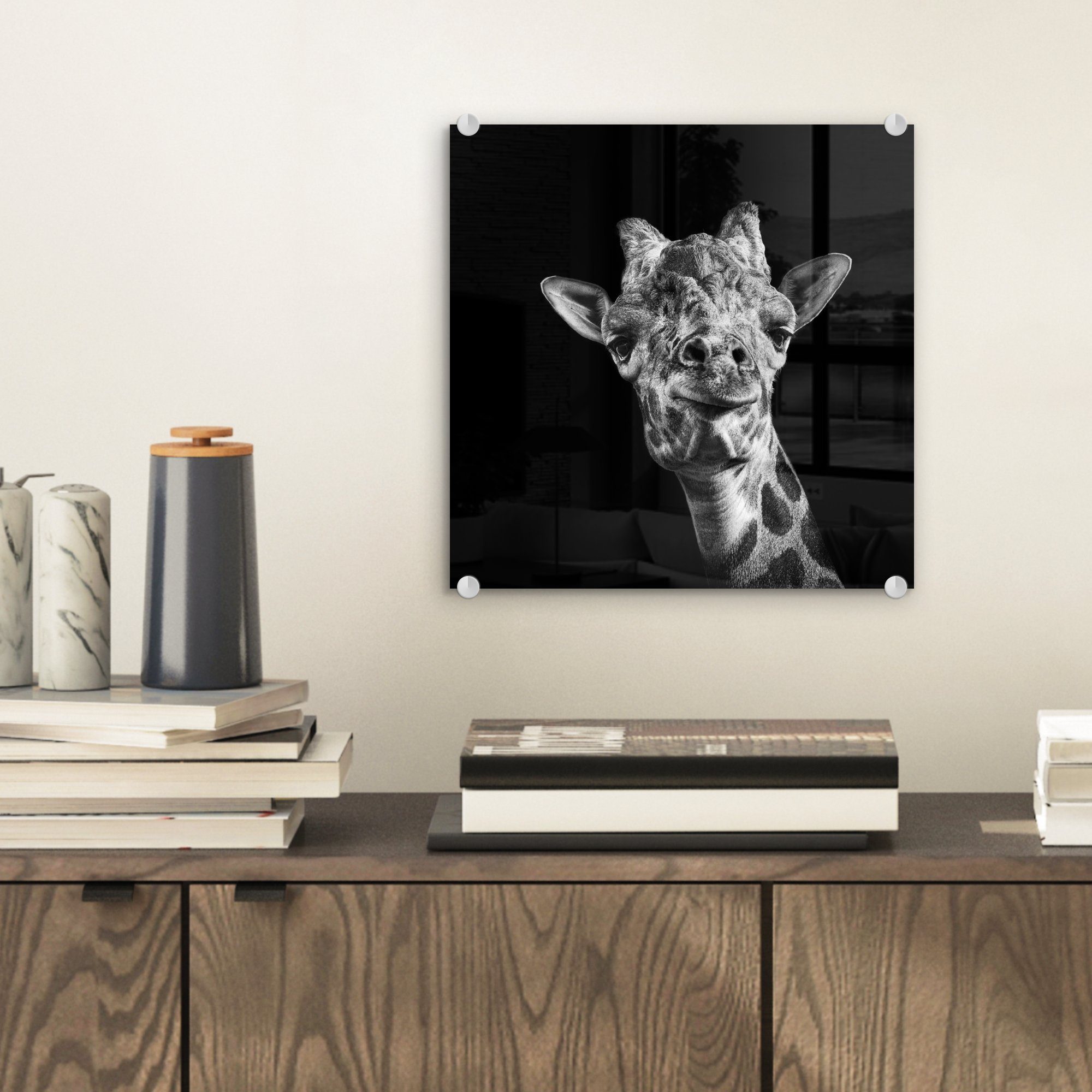 weiß, Wanddekoration in Foto St), schwarz Glasbilder und Hintergrund (1 Acrylglasbild Bilder Glas MuchoWow auf Glas vor - - auf Giraffe schwarzem - Wandbild
