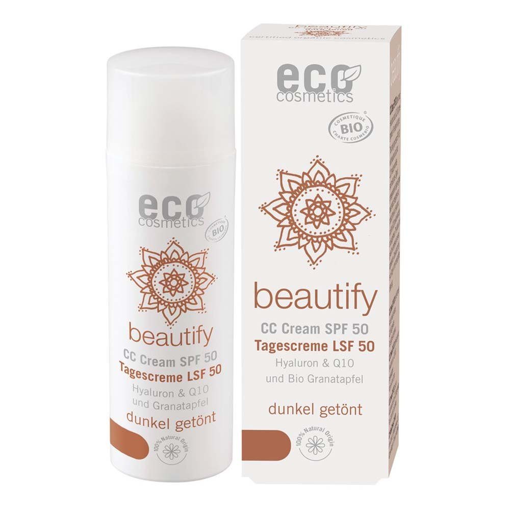 Eco Cosmetics Getönte Gesichtscreme OPC, Q10 & Hyaluron - LSF50 CC Creme dunkel 50ml | Tagescremes