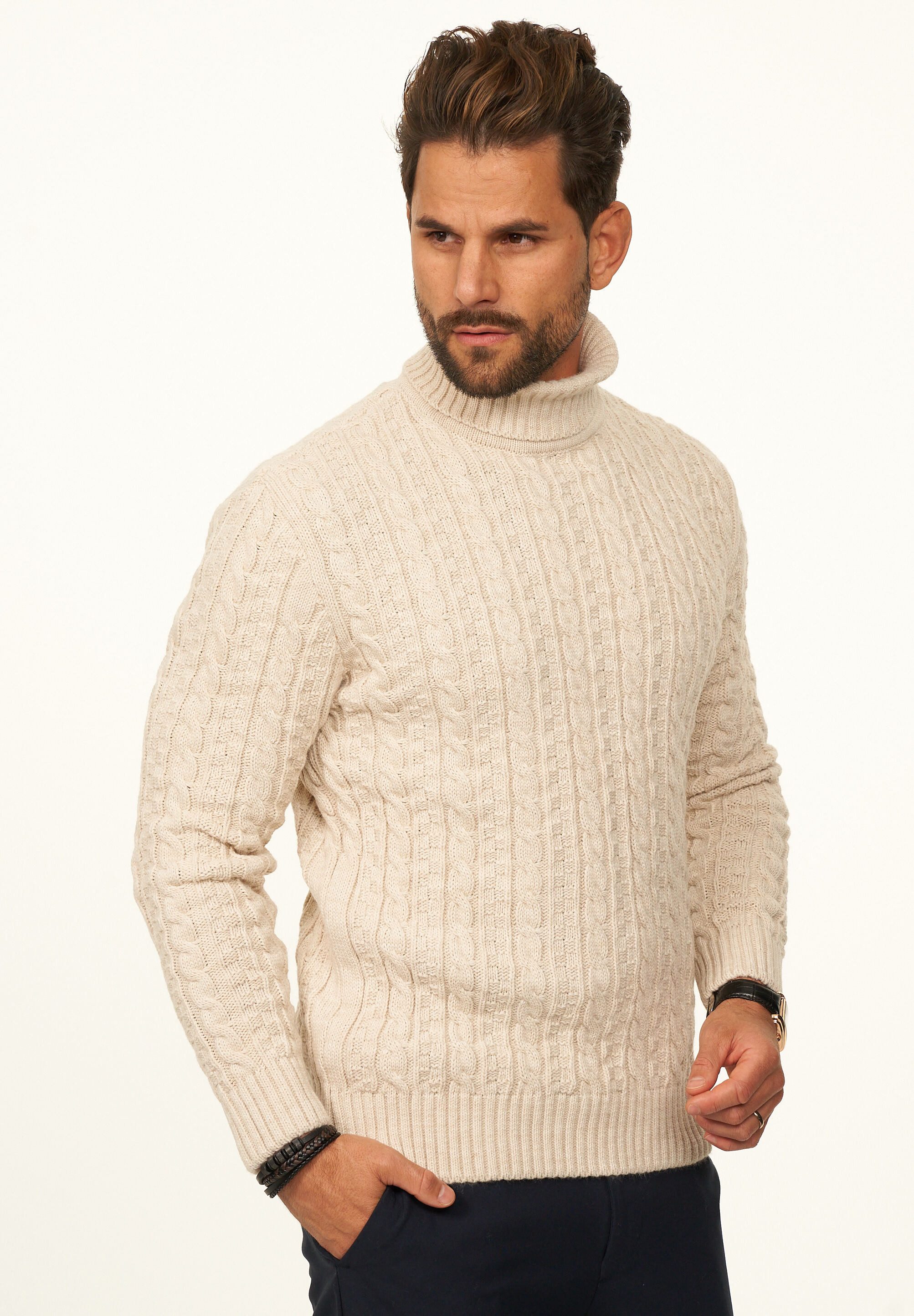 DAILY COTTON Rollkragenpullover als Grobstrick Pulli mit Zopfmuster für Herren Strickpullover für Männer - Winterpullover im Regular-Fit
