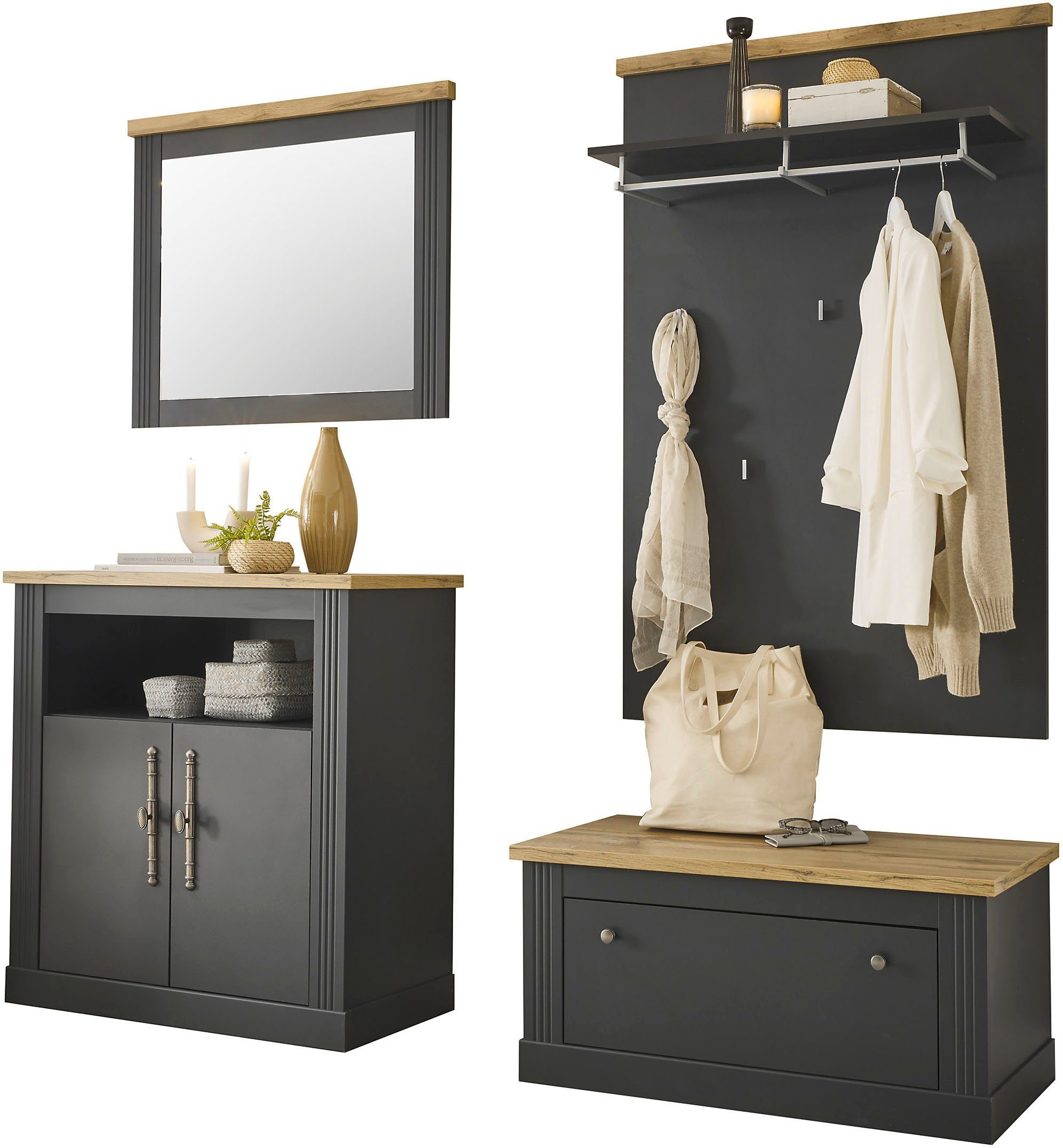 Home affaire Garderoben-Set Westminster BESTSELLER!, (4-St., Schuhbank, Spiegel, Kommode, Wandpaneel), im romantischen Landhausstil