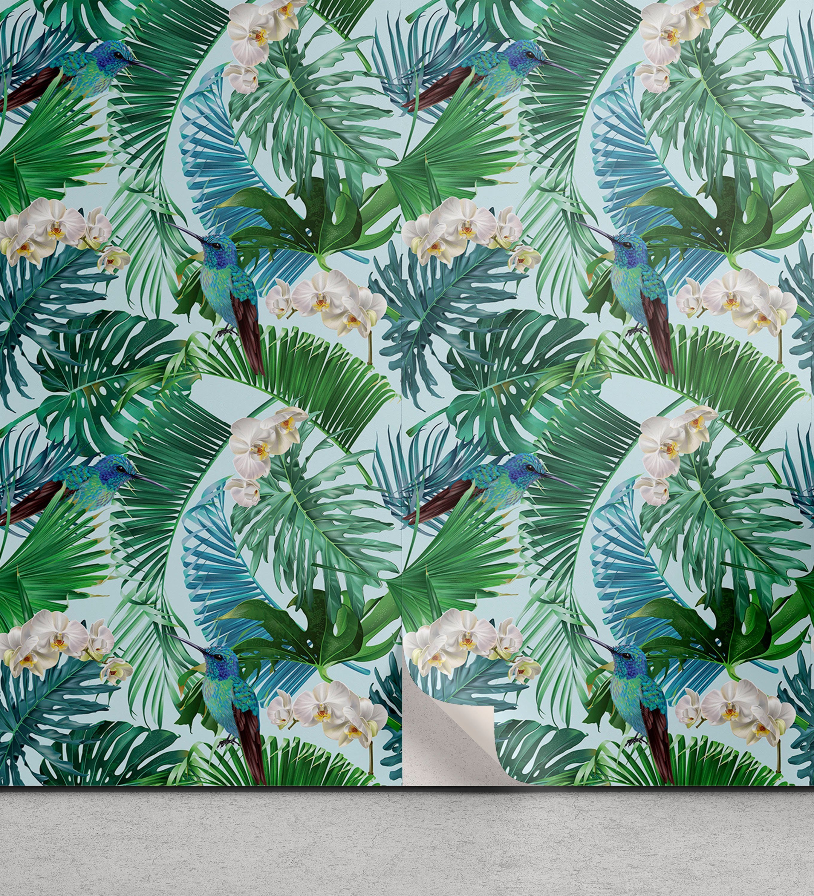 Abakuhaus Vinyltapete selbstklebendes Wohnzimmer Küchenakzent, Kolibri Botanical Blätter Vögel