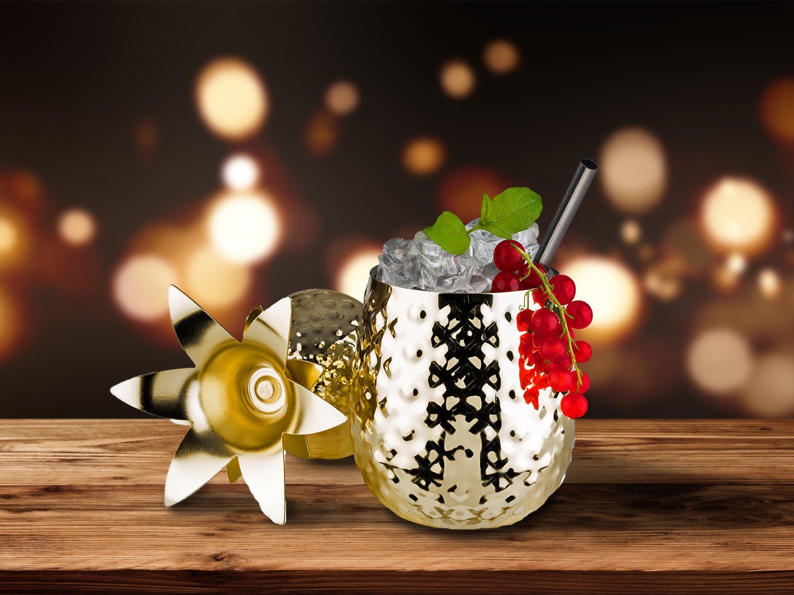 APS Cocktailglas, 3-tlg., Edelstahl, Ananasglas mit Deckel, Set Cocktail-becher Golden & Metall Strohhalm