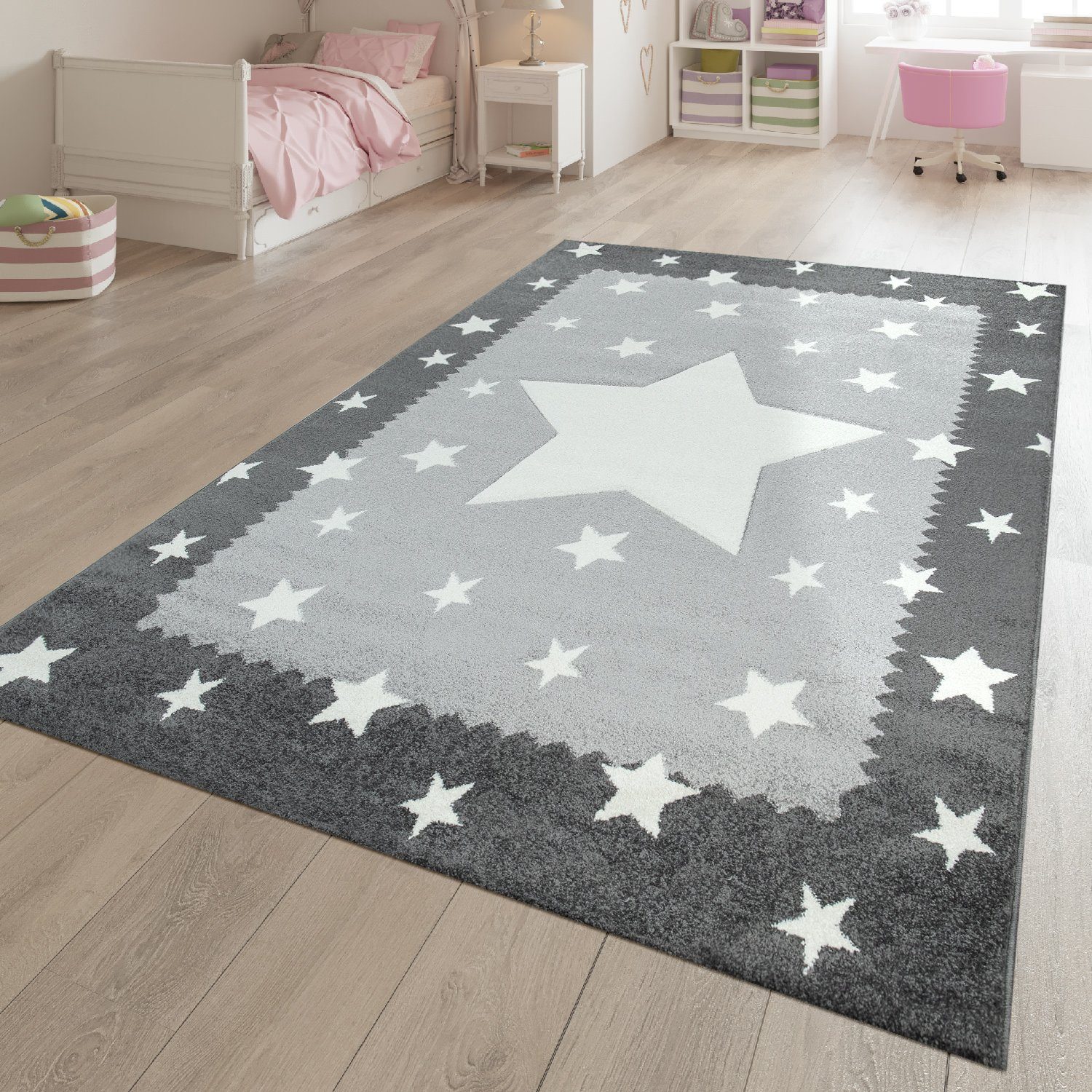Kinderteppich Spielteppich Kinderzimmer Weiß Grau Stern Muster, TT Home, Läufer, Höhe: 16 mm