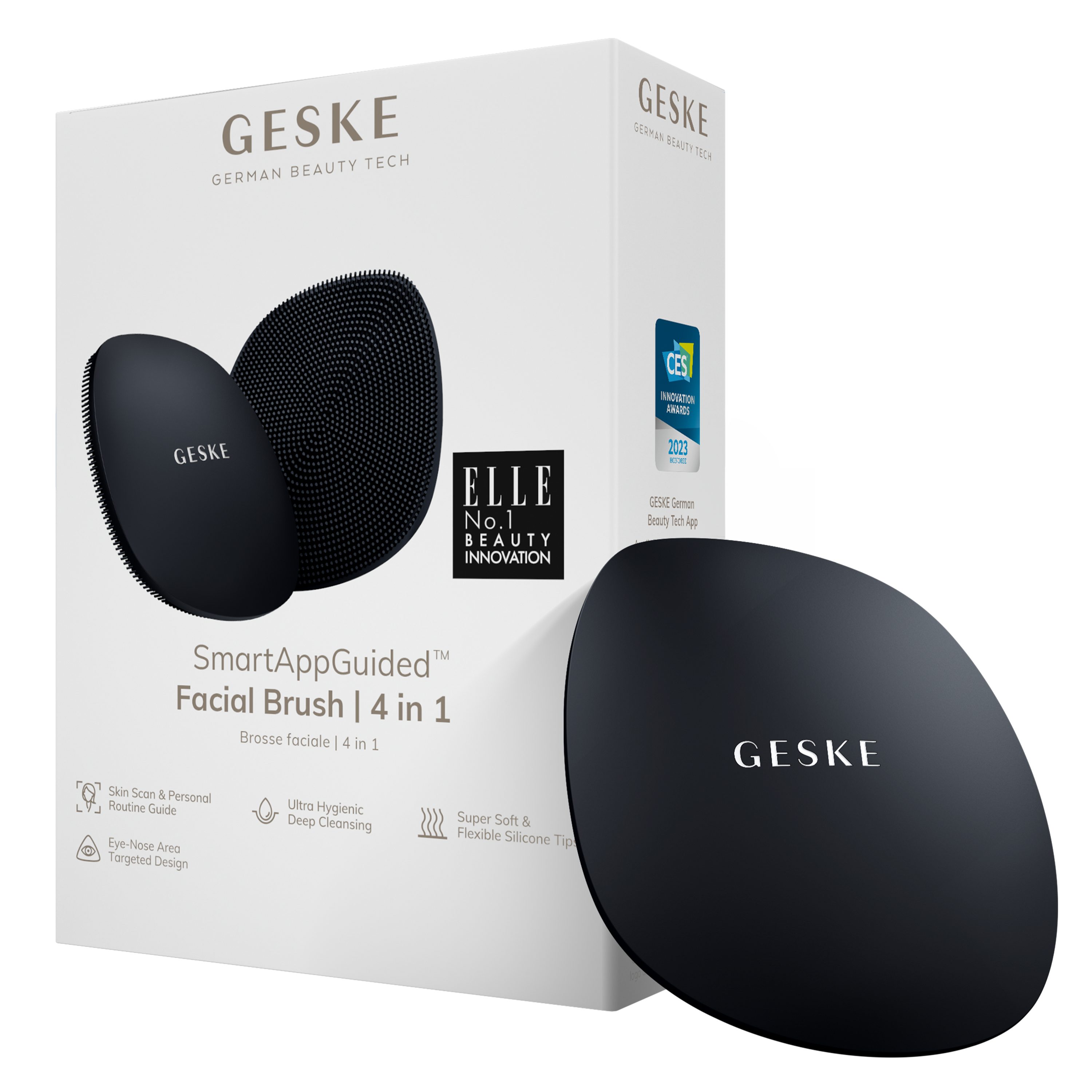 GESKE German Beauty Tech Elektrische Gesichtsreinigungsbürste SmartAppGuided™ Facial Brush 4 in 1, Packung, 1-tlg., inkl. kostenloser APP (SmartAppGuided Device), Mit der GESKE App erhältst Du deine personalisierte Hautpflegeroutine.