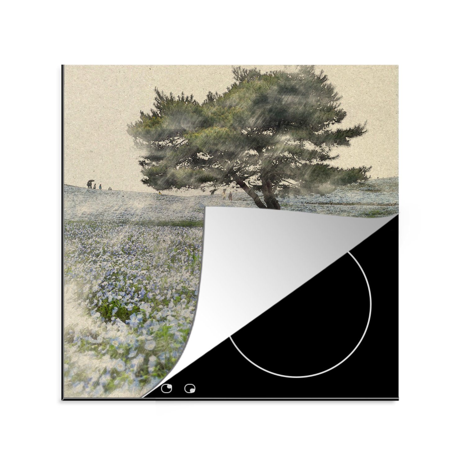 MuchoWow Herdblende-/Abdeckplatte Gemalte Blumen auf einem Feld, Vinyl, (1 tlg), 78x78 cm, Ceranfeldabdeckung, Arbeitsplatte für küche | Herdabdeckplatten