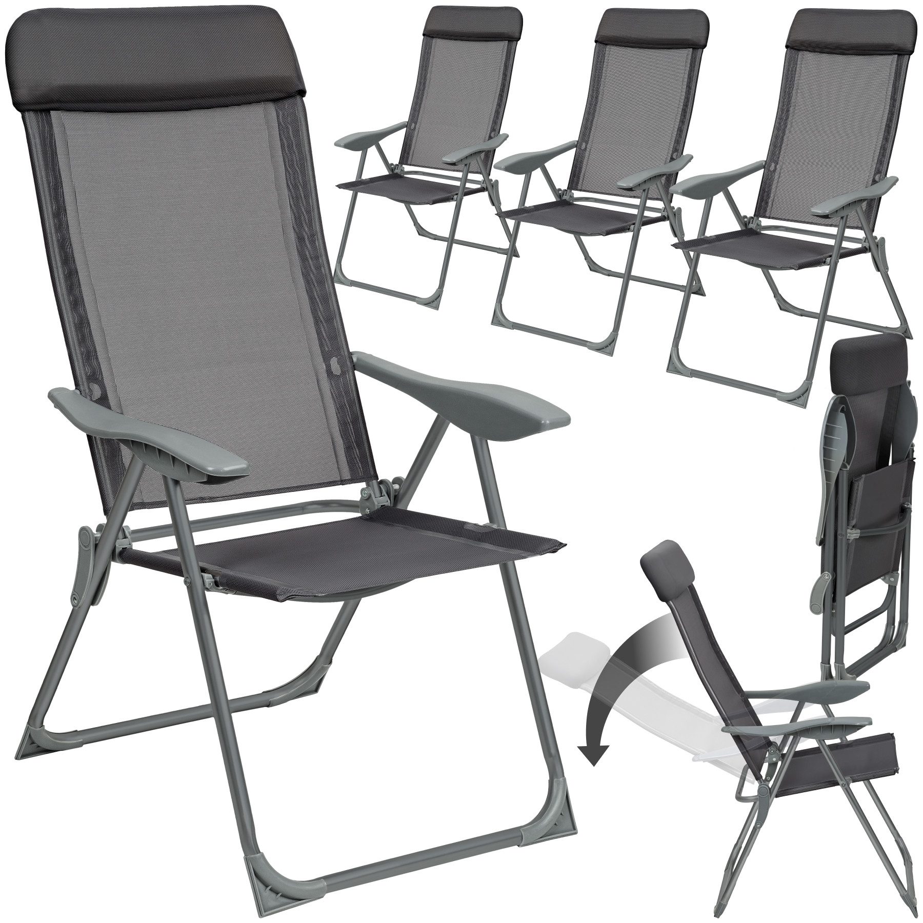 tectake Gartenstuhl Balkonstuhl, klappbar, Textilene-Gewebe, 73 x 59 x 110 cm (Terrassenstuhl Maurine für Außen in Antrazit, 4 St), wetterfest und UV-beständig, verstellbare Rückenlehne mit Kopfpolster