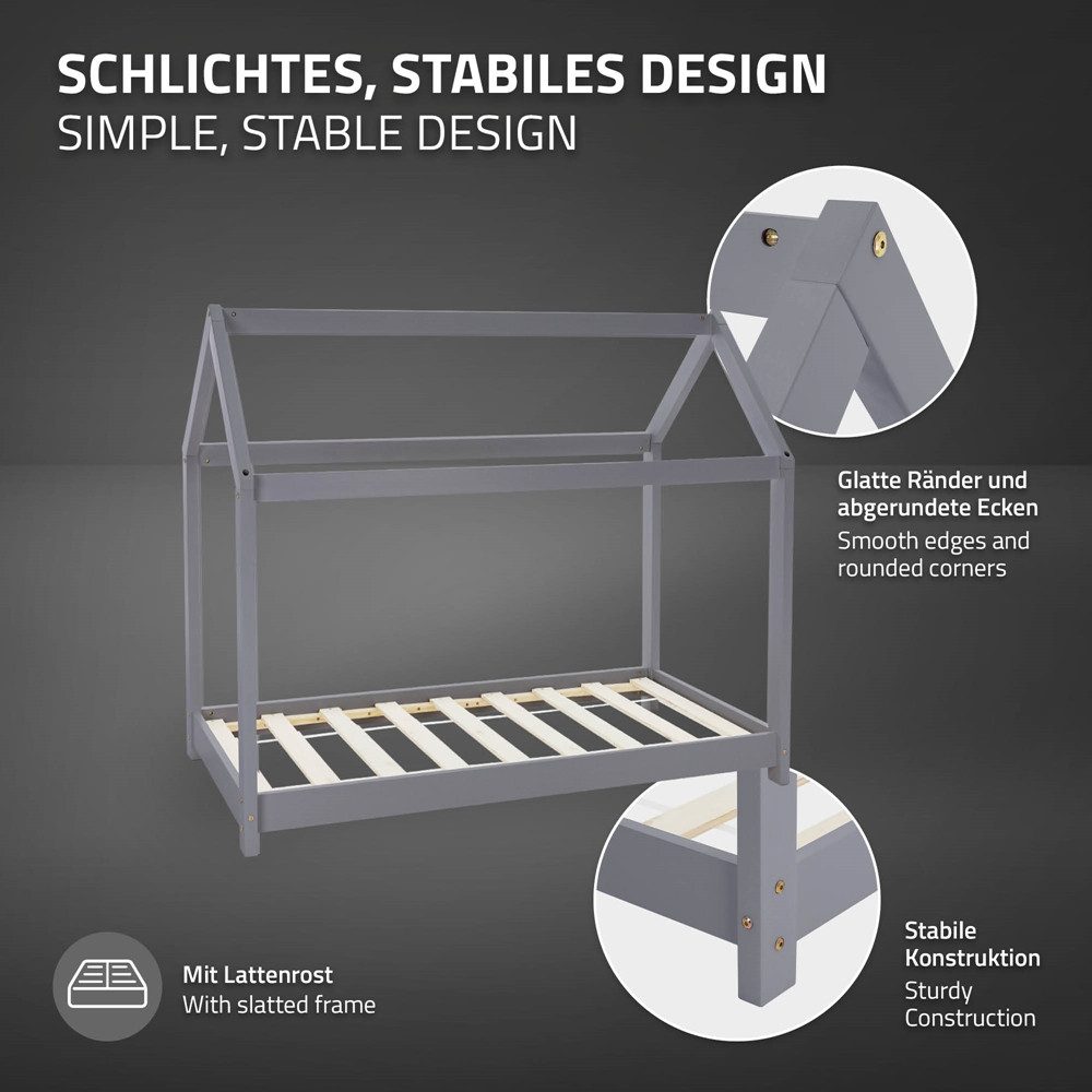 ML-DESIGN Spielbett Hausbett Kinderbett inkl. Lattenrost kreativ Bodenbett für Kinder, Abenteuerbett, Haus Bett Himmelbett Kiefer Jugendbett Hellgrau