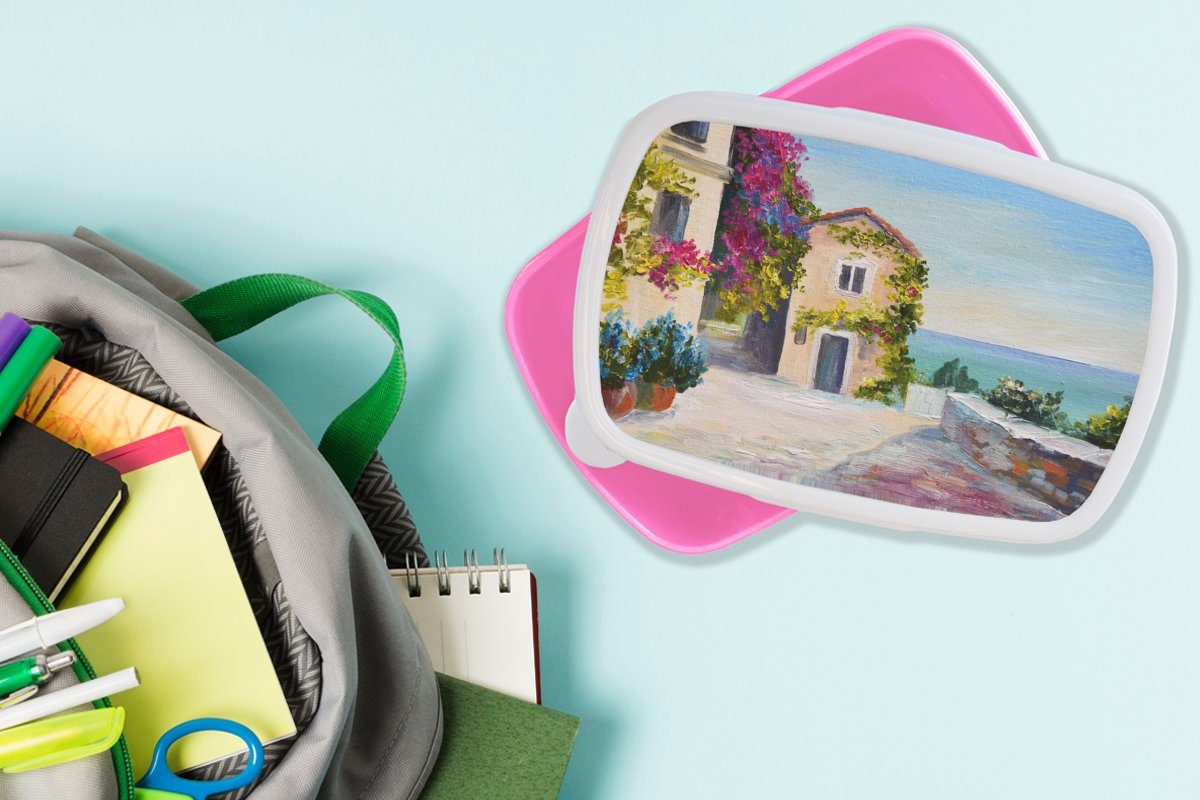 Kunststoff, Haus Ölfarbe - Kunststoff (2-tlg), MuchoWow - Kinder, Brotbox Dorf, Erwachsene, Malerei für rosa Lunchbox Snackbox, Brotdose - Mädchen,