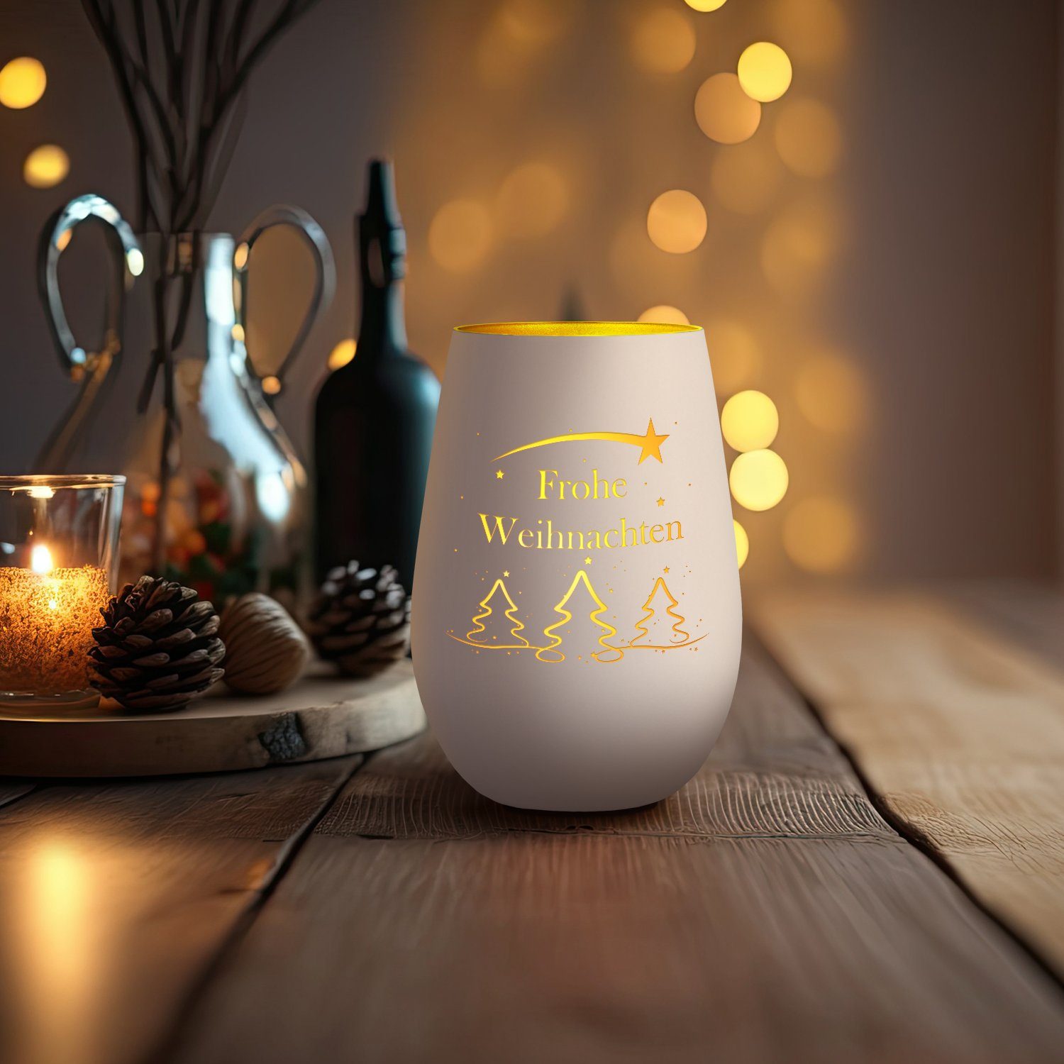 Gravur Geschenke GRAVURZEILE Tannenbaum Frauen Verschenken aus Windlicht Glas zum - - für Anlässe (Weiß/Gold), weitere zum mit Geburtstag und und Weihnachtsdeko Männer