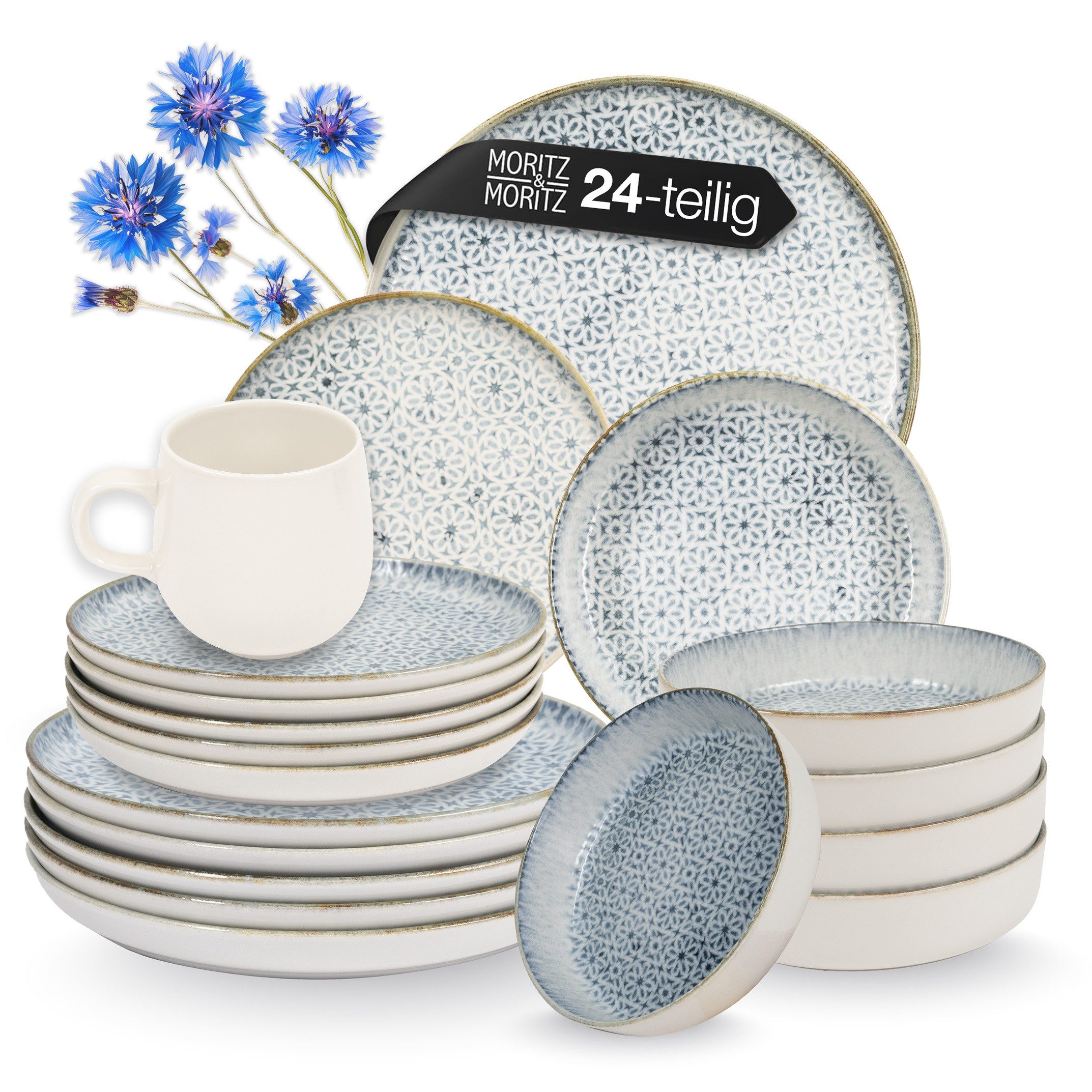 Moritz & Moritz Комбинированное обслуживание ALHAMBRA Geschirrset mit Tassen Blau (24-tlg), 6 Personen, Porzellan, Spülmaschinengeeignet & Mikrowellensicher
