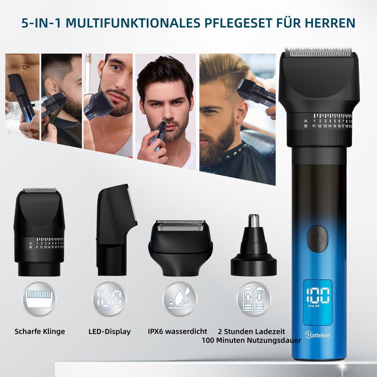 HATTEKER Haarschneider HT-6072, Bartschneider Präzisionstrimmer Folienrasierer, IPX6 5-IN-1-Set