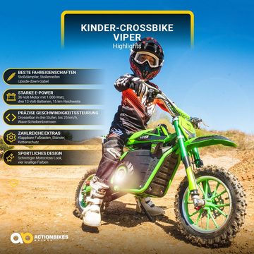 Actionbikes Motors Elektro-Kindermotorrad Kinder Crossbike Viper 1000 W Elektro - 3 Stufen - bis 25 km/h, Elektro Dirt-Bike Minicross in Grün Pocketbike ab 5 J. - Federgabel