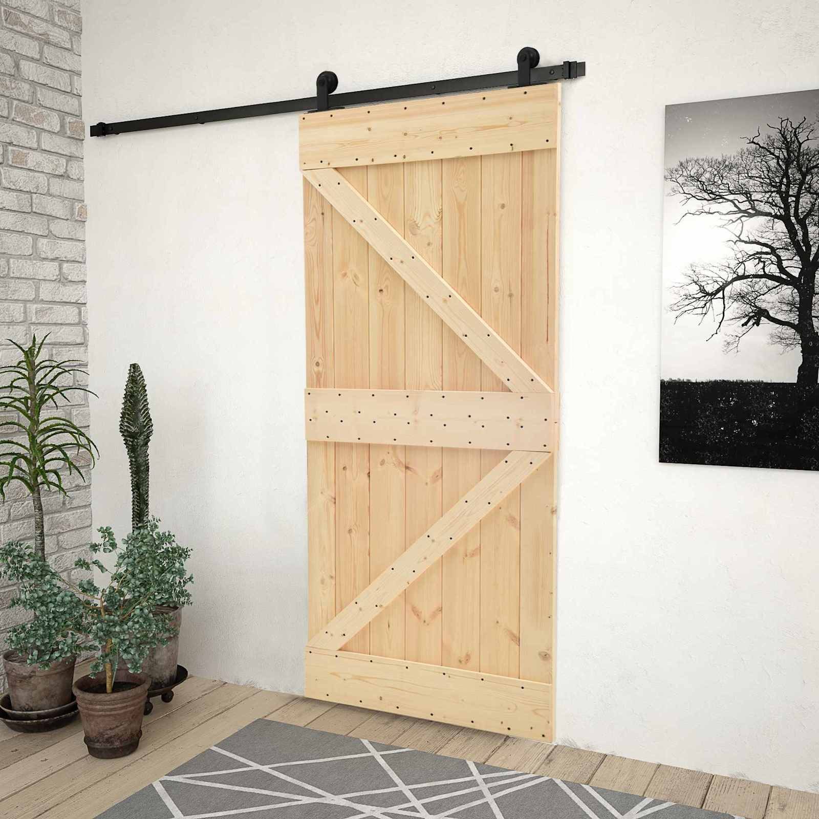 furnicato Schiebetür Massivholz 80 x 210 cm Natürlich und Schwarz, Seitliches Gleitsystem für platzsparende Schiebetür im Innenbereich