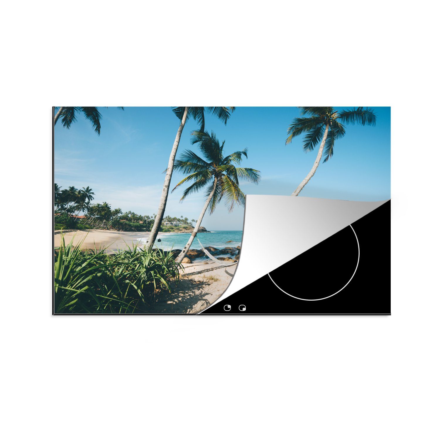 MuchoWow Herdblende-/Abdeckplatte Eine Hängematte an einem Privatstrand in Tangalle, Ceylon, Vinyl, (1 tlg), 81x52 cm, Induktionskochfeld Schutz für die küche, Ceranfeldabdeckung