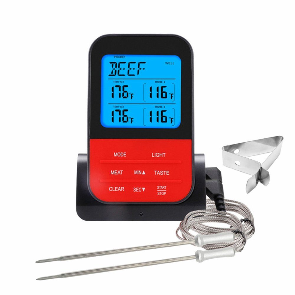 GelldG Grillthermometer Grillthermometer mit 2 Digitales Fleischthermometer Sonden ‎‎schwarz Kabelloses