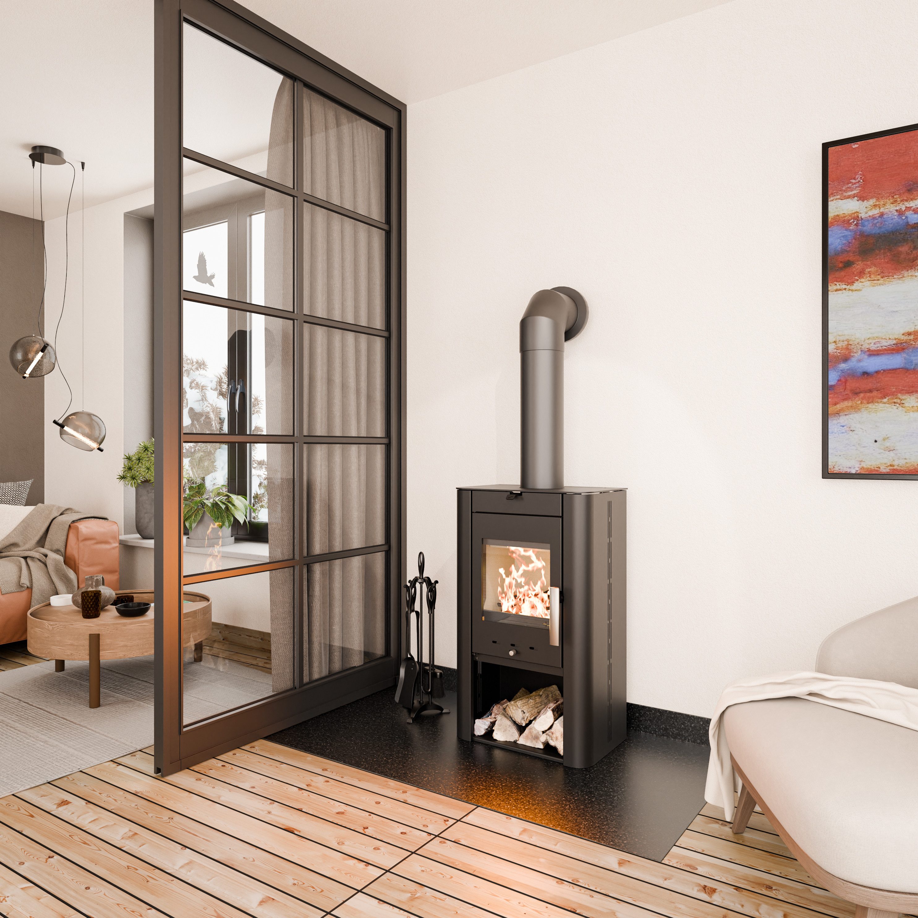Haas + Sohn Kaminofen PRUNUS II Stahl tief-schwarz, mit Holzfach, 6,4 kW, Zeitbrand