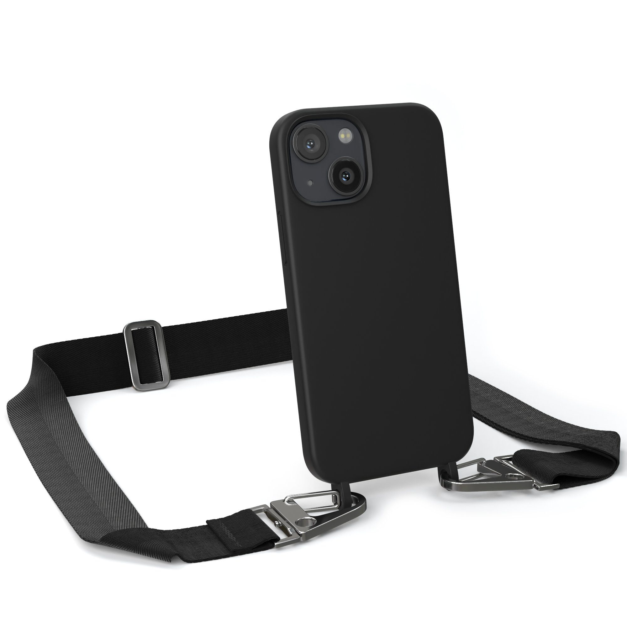 EAZY CASE Handykette Karabiner Breitband für Apple iPhone 13 Mini 6,1 Zoll,  Schutzhülle zum Umhängen Handyhülle Umhängeband Matt Schwarz Silber