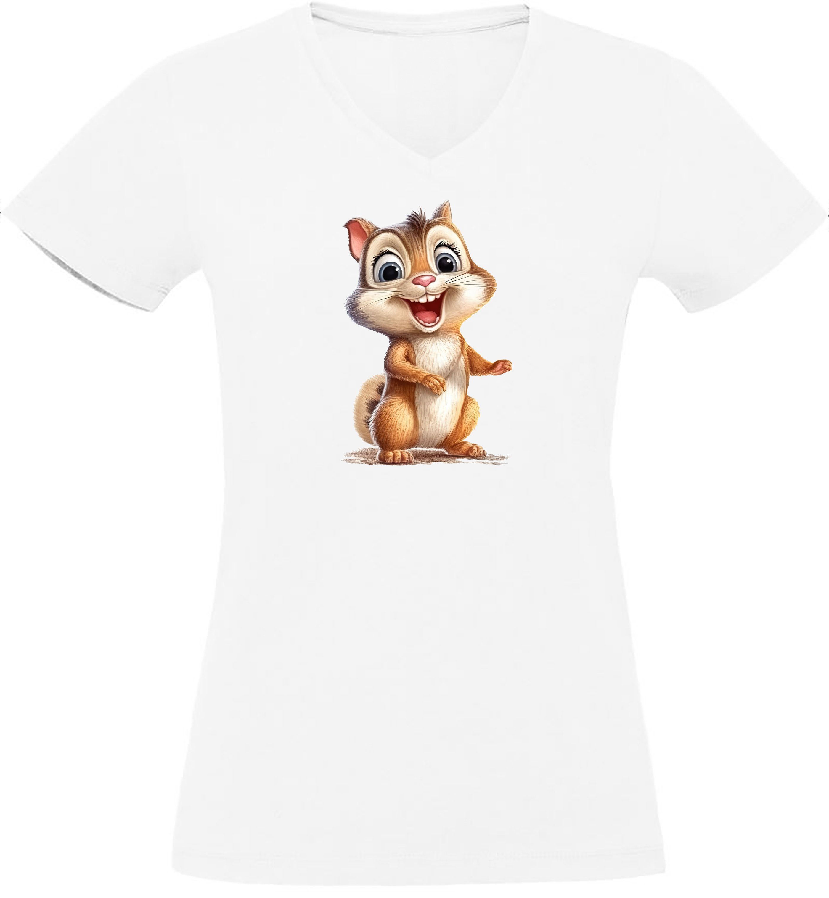 Shirt MyDesign24 mit T-Shirt Slim Aufdruck V-Ausschnitt i262 Print Wildtier Damen Baumwollshirt - weiss Fit, Baby Eichhörnchen