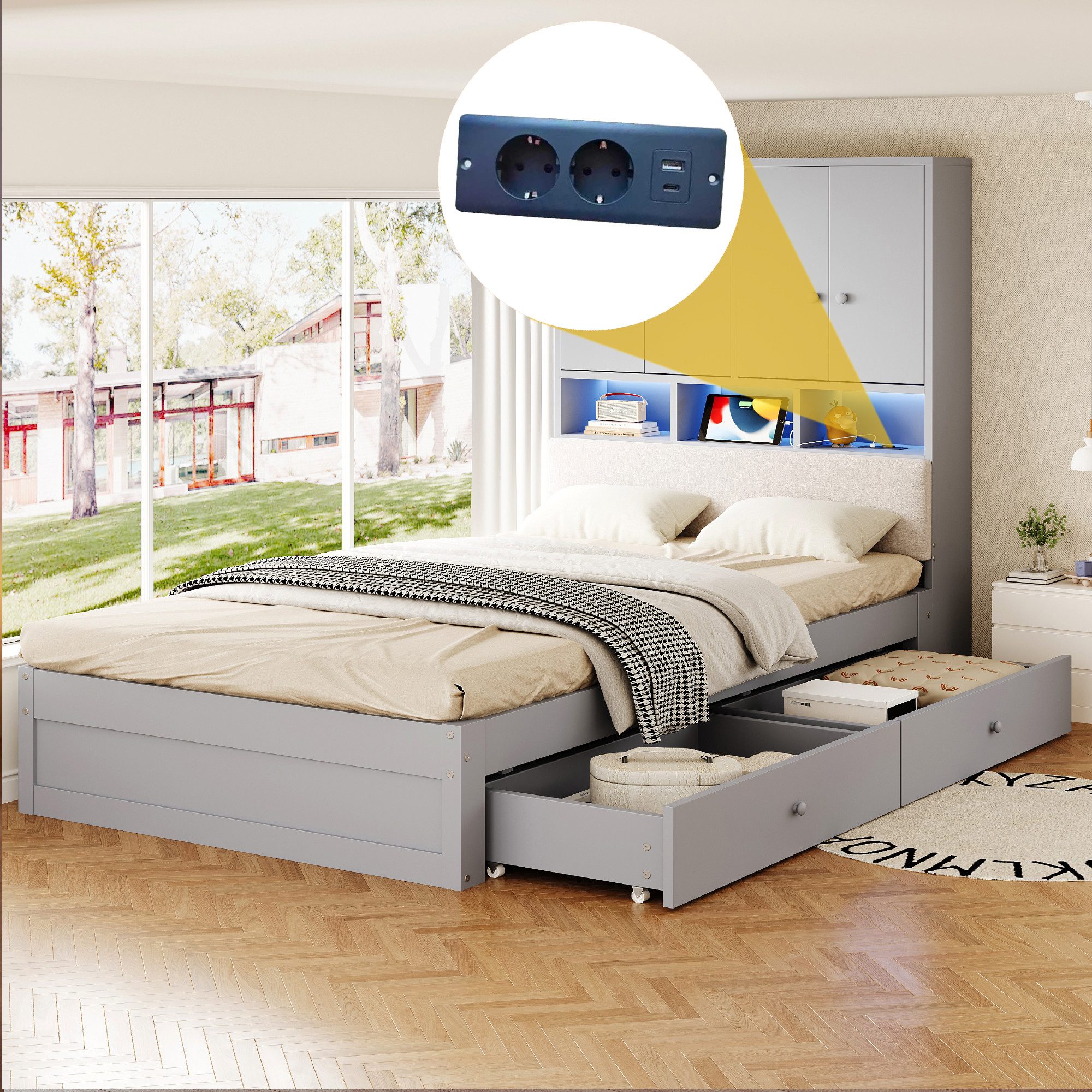 i@home Stauraumbett Funktionsbett, Holzbett, 90 x 200 cm, Einzelbett, Grau (1-tlg), Mit LED-Beleuchtung und Steckdose, mit gepolsterter Rückenlehne, Grau – Bild 4 von 5