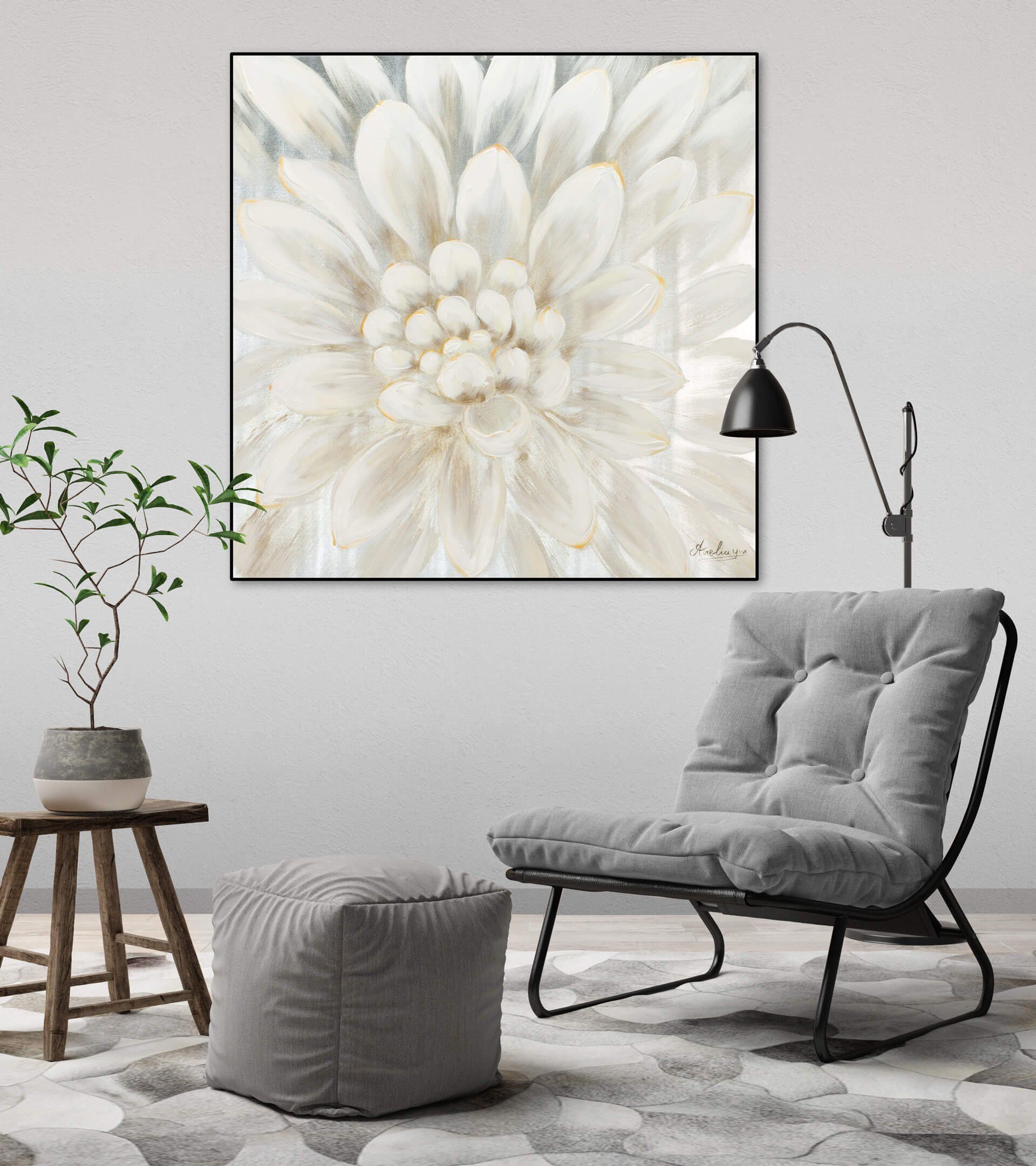 100% Wohnzimmer Gemälde Dahlia Leinwandbild cm, HANDGEMALT KUNSTLOFT Wandbild 80x80 Alabaster